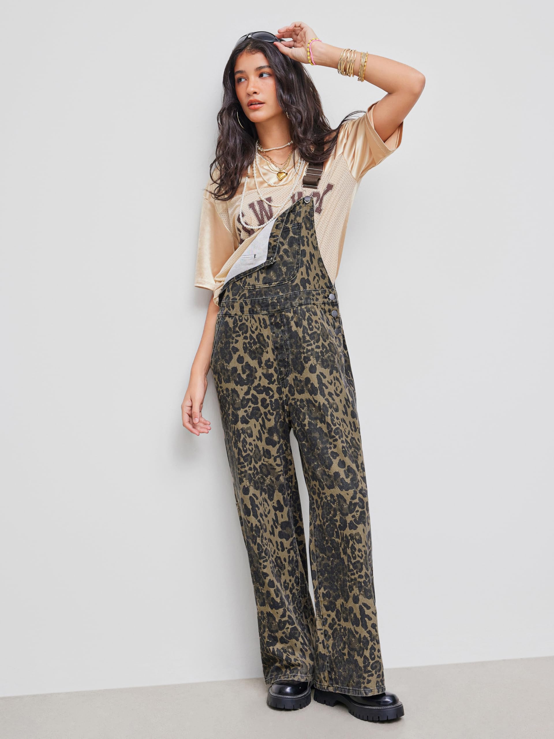 Women's Denim Leopard Print Overalls with Buckle Pocket - Wide Leg Jumpsuit for Casual Outings, Streetwear Fashion & Fall Outfits