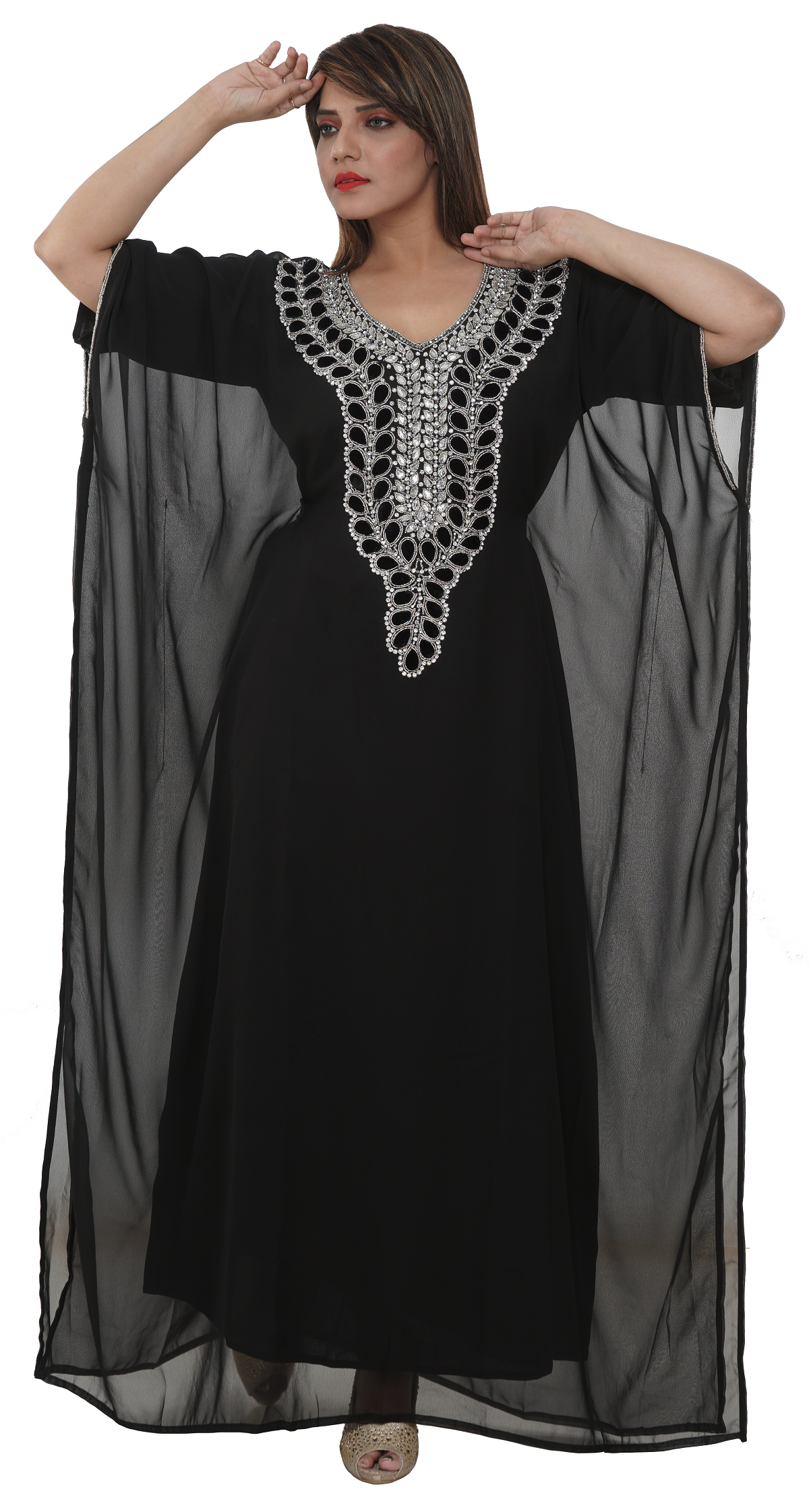 Elegant Embroidered Maxi Dress with Black Velvet Beading - Perfect for Weddings, Parties & Evening Events