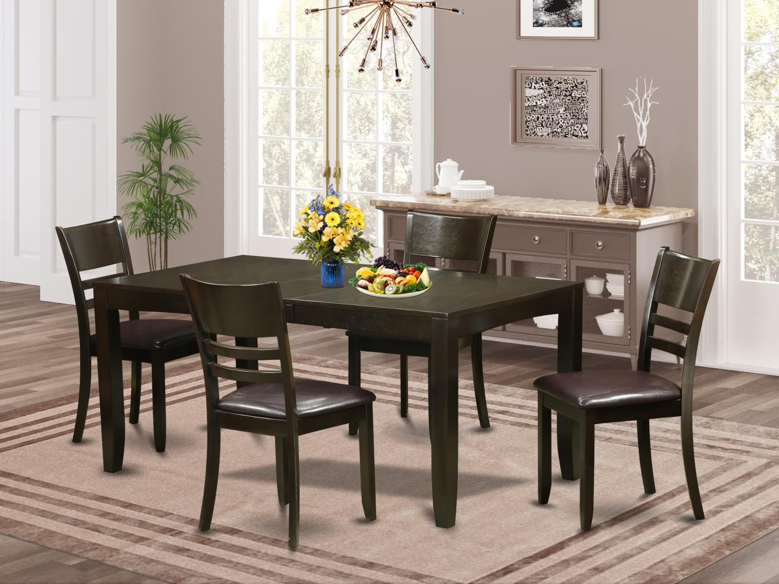 East West Furniture LYFD5-CAP-LC Lynfield 5-Piece Kitchen Dining Set with Rectangle Table & 4 Faux Leather Chairs, 36x66 Inch - Perfect for Small Spaces, Breakfast Nooks & Cozy Family Meals