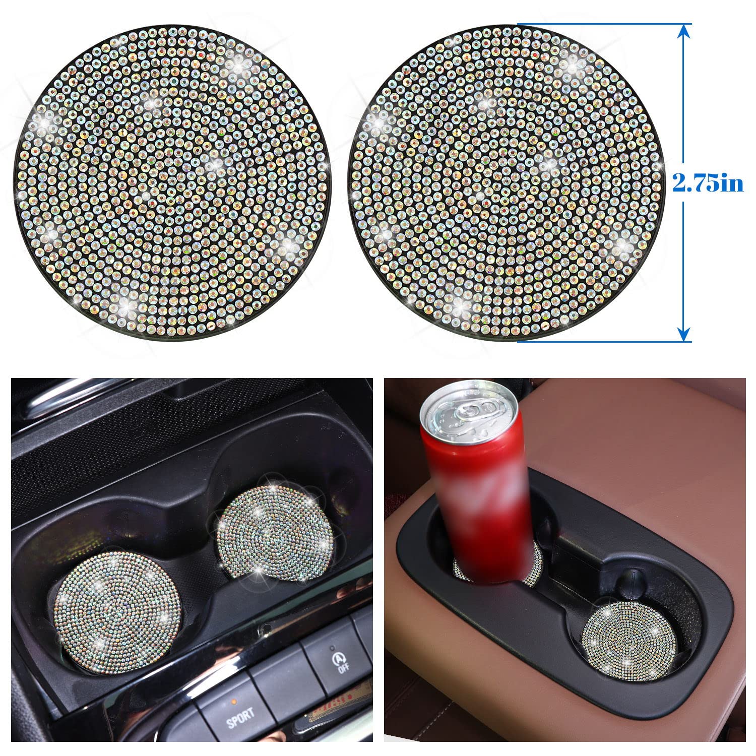 15 Inch Bling Car Steering Wheel Cover Set - 7 Pack Crystal Diamond Rhinestone Car Accessories with Seat Belt Cushion, Gear Shift Cover, Push Start Button Ring & Coasters - Perfect for Luxury Car Interior Decoration & Gift Giving