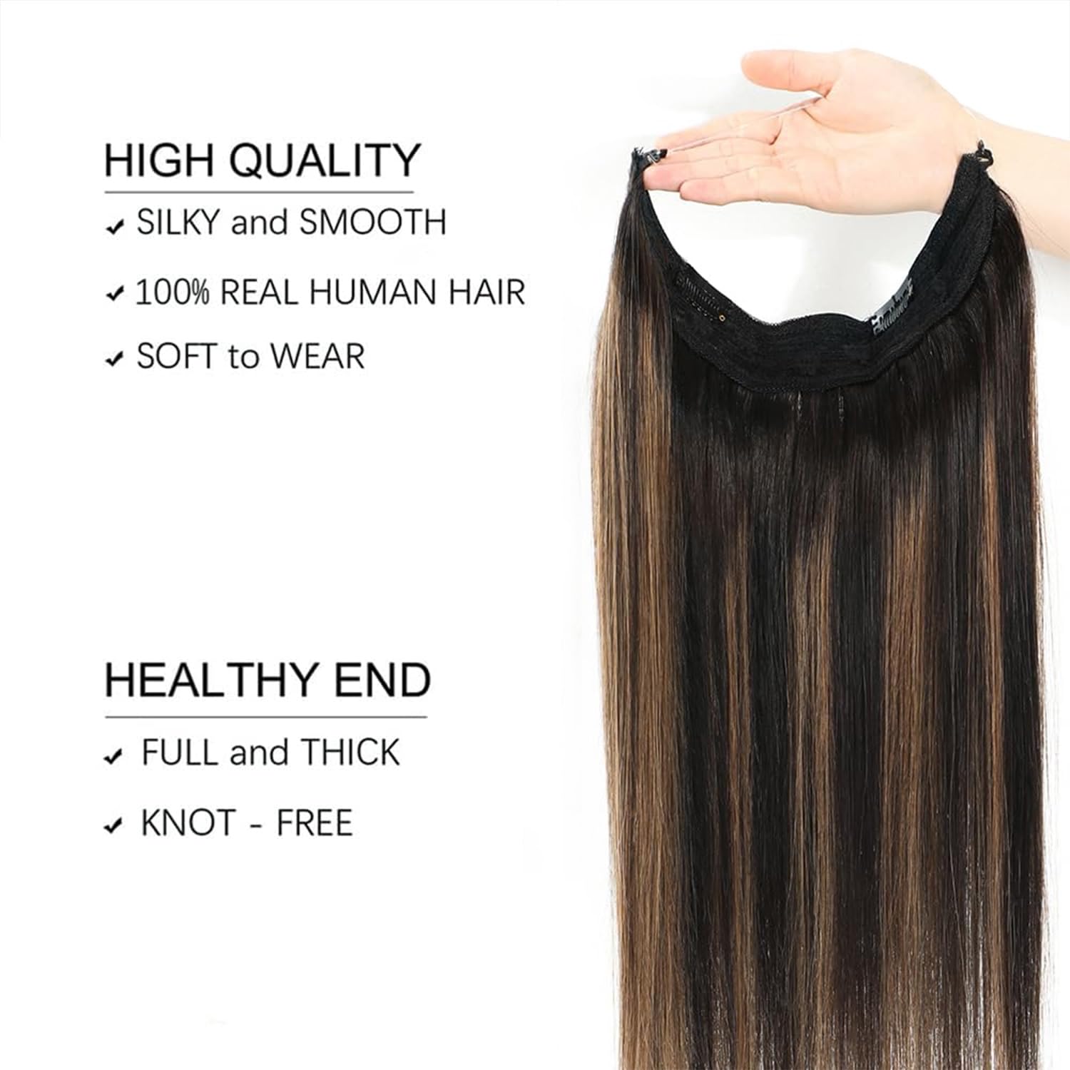 Star Show 100% Real Human Hair Extensions - Natural Black & Chestnut Brown Straight Hair - Invisible Wire Fish Line - 16 Inch Clip-in Hair Extensions for Women - Perfect for Daily Wear, Parties & Special Occasions