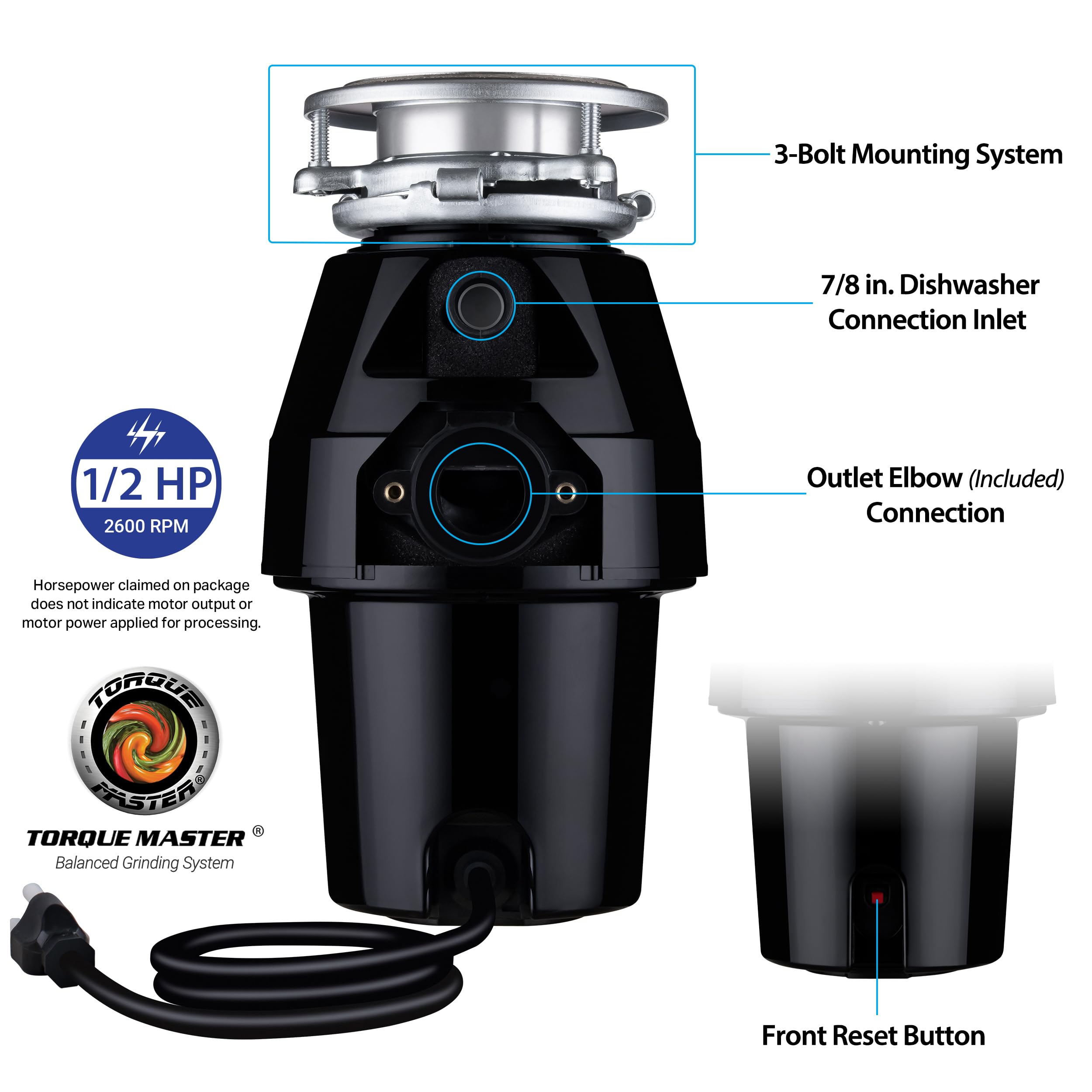 Waste Maid 10-US-WM-258-3B 1/2 HP Stainless Steel Garbage Disposal with Anti-Jam Technology - Mid Duty Food Waste Grinder System in Black - Perfect for Kitchen Sink Waste Management & Dishwasher Hookup