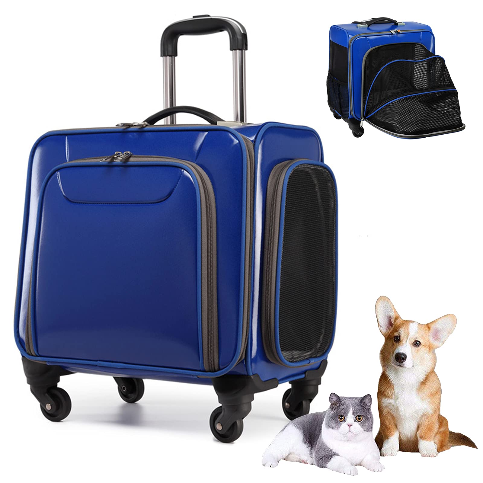 Expandable Pet Rolling Travel Carrier with Wheels - Soft Sided Stroller Bag for Dogs & Cats - Mesh Ventilation Windows & Telescopic Handle - Perfect for Air Travel, Road Trips & Vet Visits