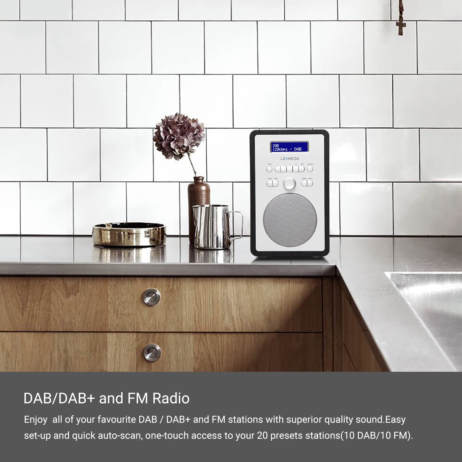 LEMEGA CR2+ DAB/DAB+ Digital Radio with FM, Dual Alarm Clock, Sleep Timer & 20 Preset Stations - Wood Effect Black Oak Finish for Kitchen, Bedroom & Office Use
