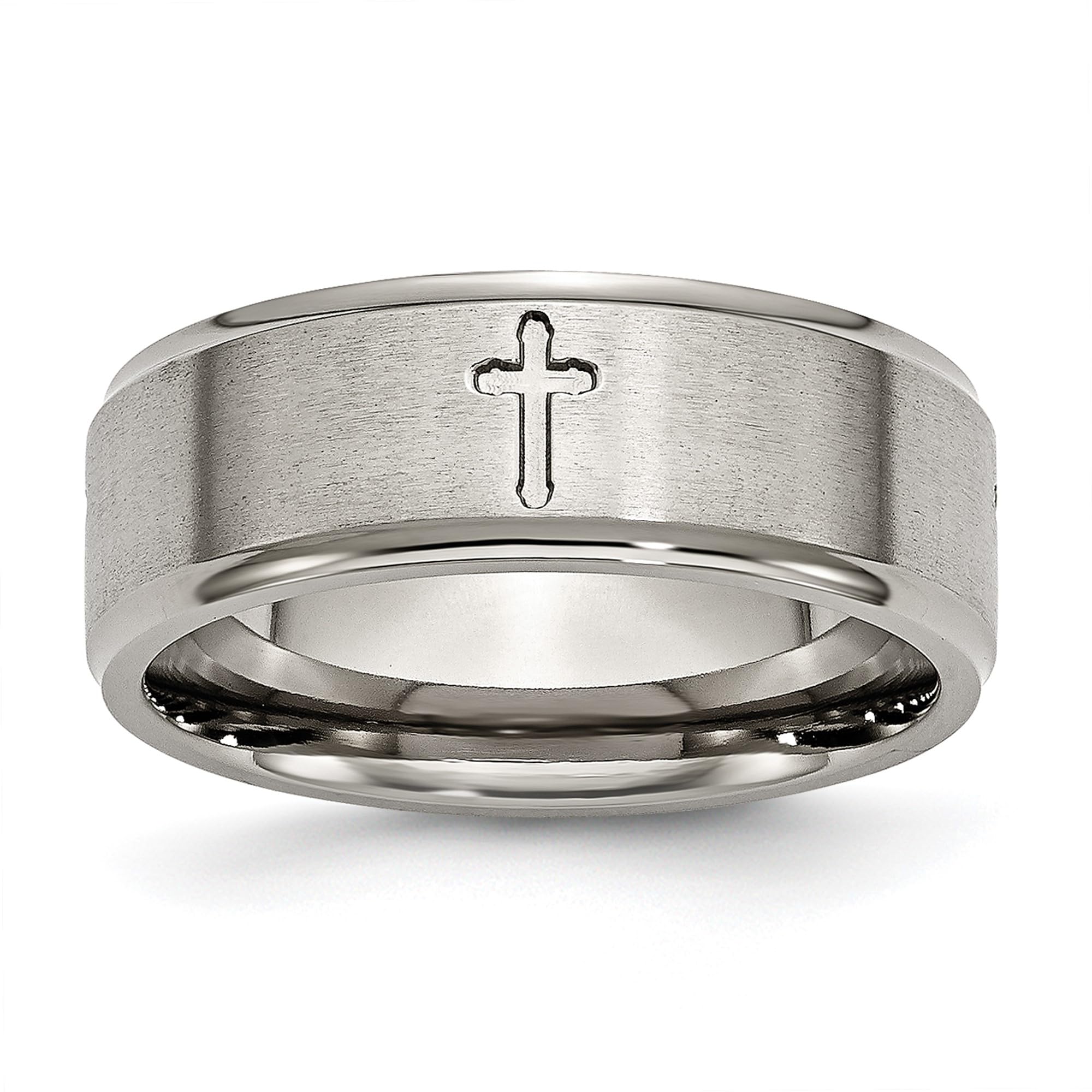Titanium Holy Cross 8mm Ridged Edge Wedding Band Ring for Men - Christian Religious Jewelry, Durable & Hypoallergenic - Perfect for Weddings, Baptisms & Daily Faith Wear
