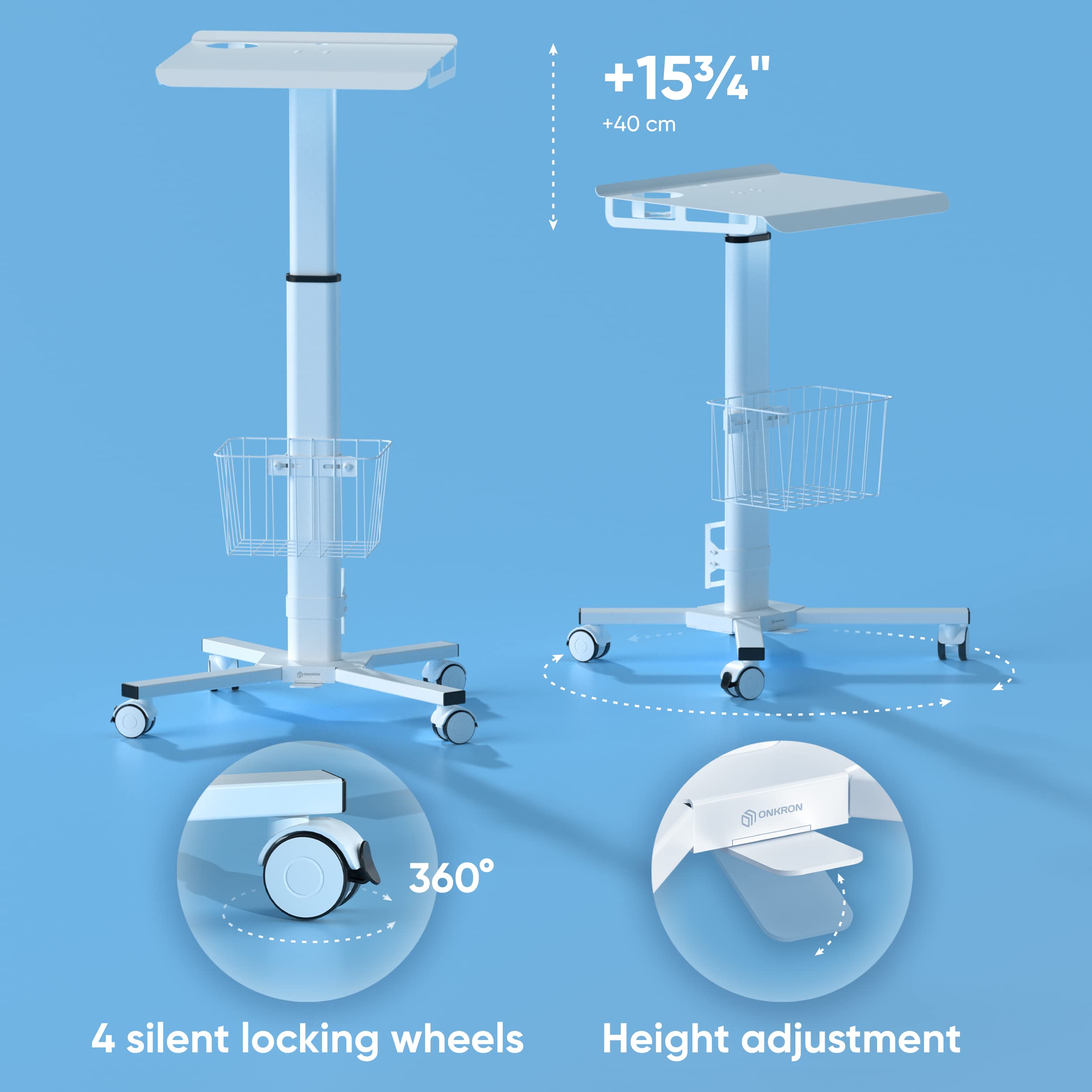 ONKRON Adjustable Mobile Laptop Cart with Wheels - 17.6 lbs Capacity Rolling Workstation, Portable Laptop Stand with Storage | Ideal for Office, Classroom, Hospital & Home Use (White)