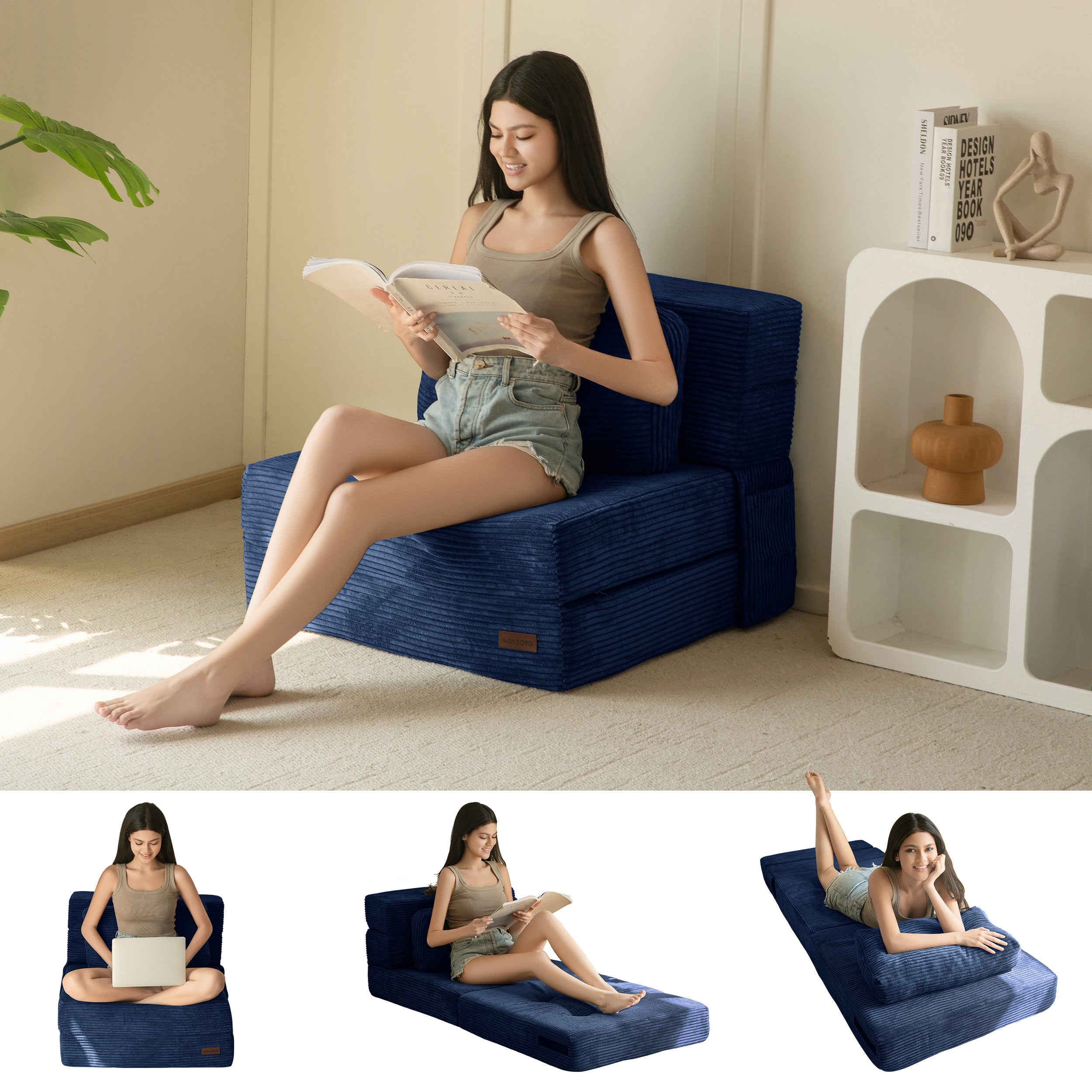 MAXYOYO 3-in-1 Convertible Sofa Bed - Fold Out Single Sleeper Sofa with Pillow, Foam Floor Couch & Lazy Chair for Living Room, Bedroom, Guest Room (Navy Blue) | Perfect for Small Spaces, Overnight Guests & Relaxing