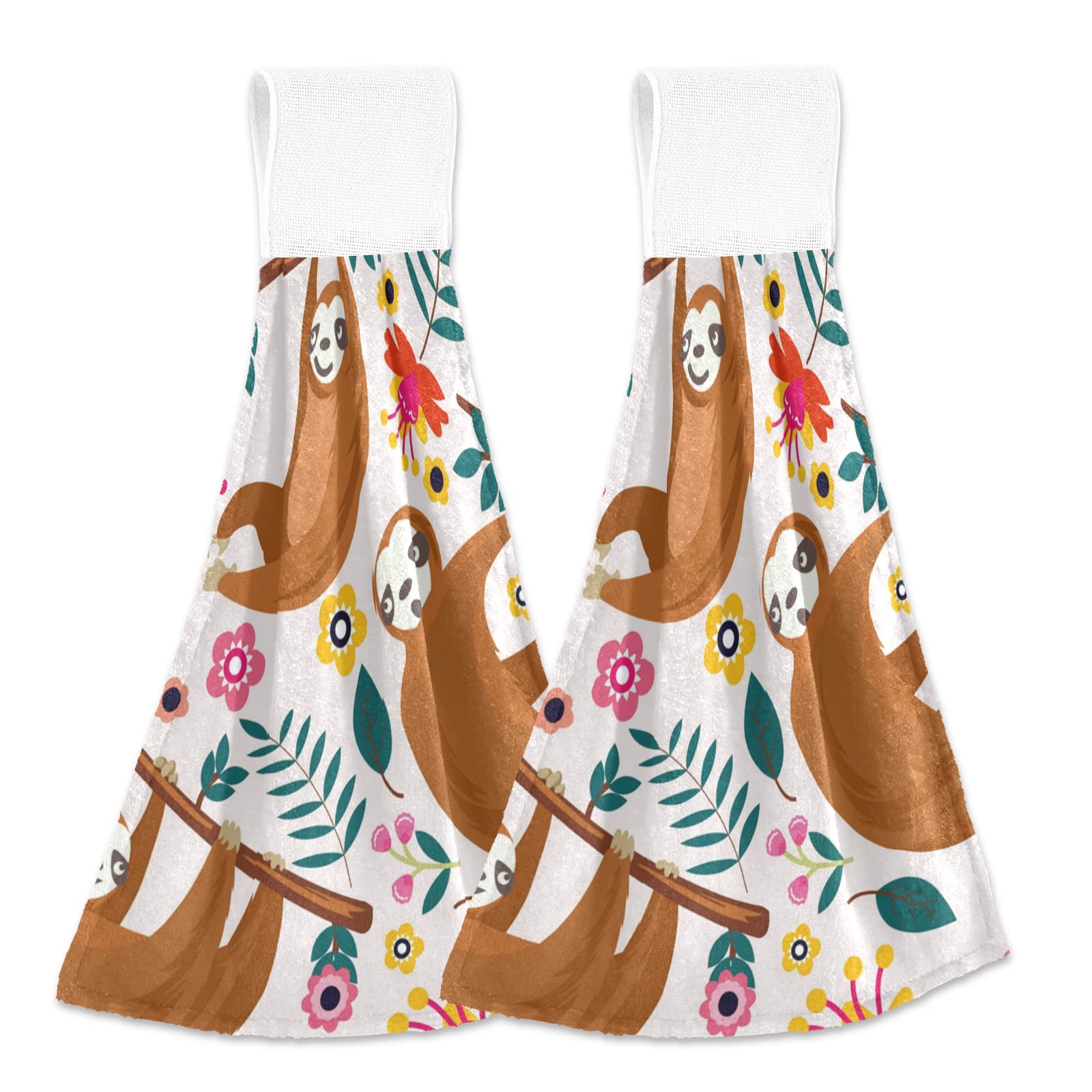 Qilmy Sloth Hanging Kitchen Towel Set of 2 - Super Absorbent Cotton Dish Towels for Kitchen, Bar & Bathroom - 12x17 Inch Cute Home Decor - Perfect for Cooking, Cleaning & Holiday Gift Giving