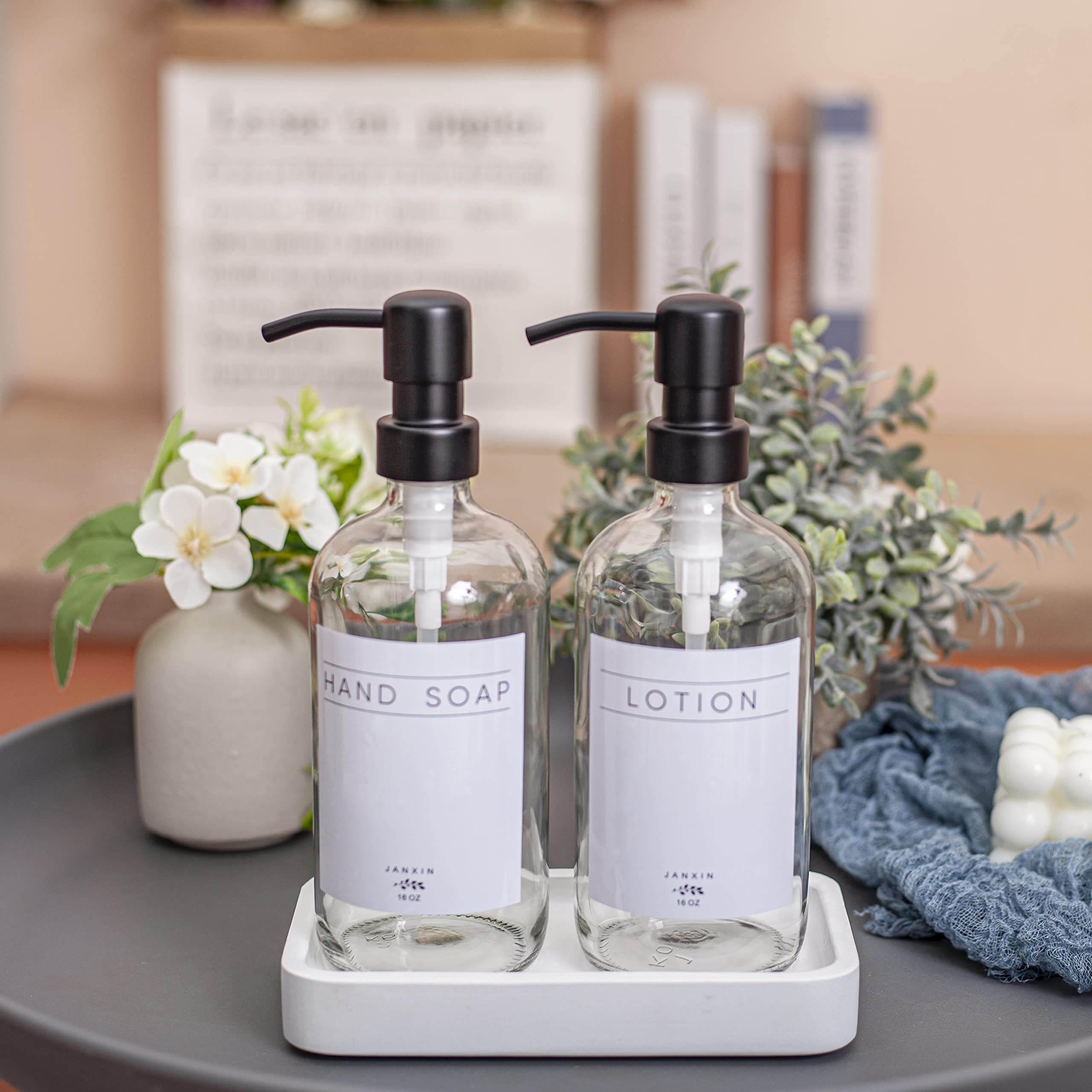 Elegant Clear Glass Soap Dispenser with Stainless Steel Pump & Wood Tray - Hand Soap Dispenser for Kitchen, Bathroom, Sink Countertop - Modern Home Decor Set (White Wood Tray + Black Pump) - Perfect for Farmhouse, Apartment & Office Use