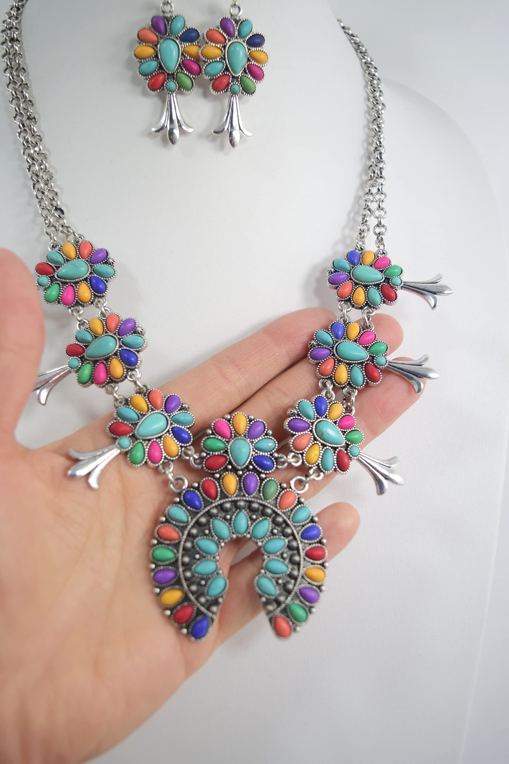 Stunning Western Turquoise Squash Blossom Statement Necklace & Earrings Set - Handmade Native American Jewelry for Women - Perfect for Boho Fashion, Festivals & Special Occasions