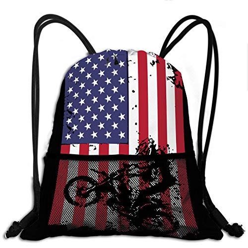 **D-WOLVES Waterproof Mesh Drawstring Backpack - Retro American Flag Design, Black Crossbody Sling Bag for Motorcycle, Swimming, Football, School, Gym, Beach & Yoga - Zipper Pocket for Teens, Boys & Girls**    **Usage Scenarios:** Perfect for outdoor adventures, sports activities, school essentials, beach trips, yoga sessions, and casual everyday use.