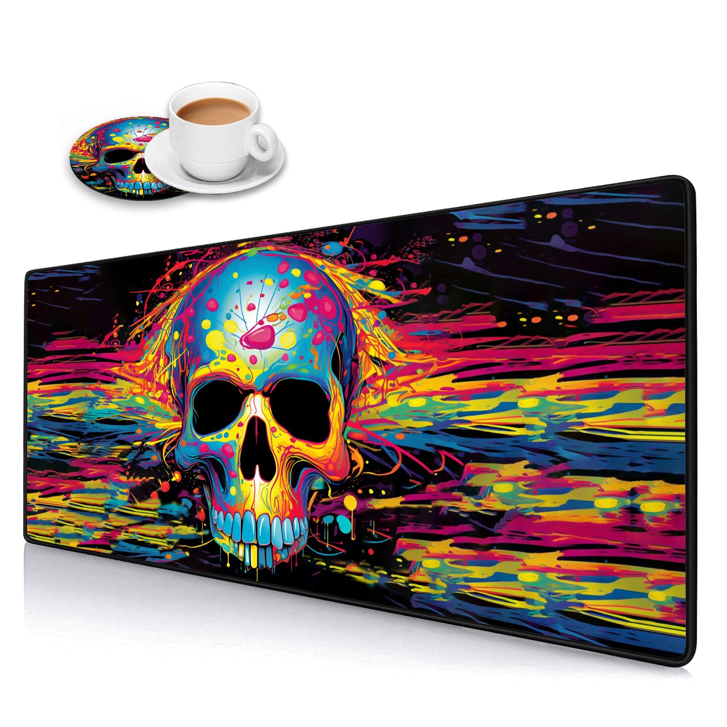 XXL Gaming Mouse Pad with Coasters Set - Non-Slip Stitched Edges Desk Mat for Laptop & Computer (31.5x11.8 Inch) - Skull Design Office & Home Writing Surface - Perfect for Work, Gaming & Study