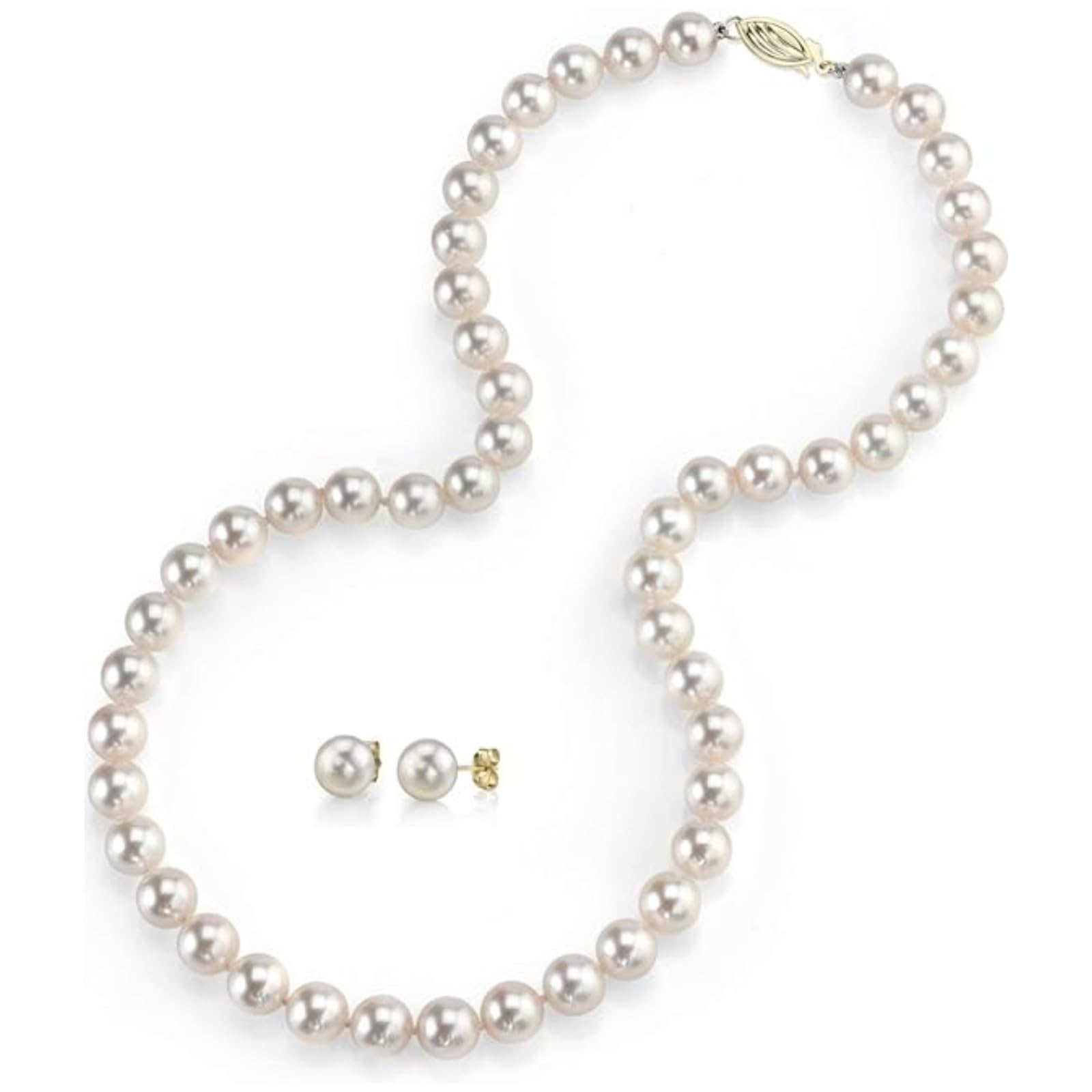 AAA Quality Real Freshwater Pearl Necklace & Earrings Set for Women - 14K Gold Clasp & Matching Studs - Perfect Christmas, Anniversary & Holiday Gifts - Elegant Jewelry for Weddings, Parties & Special Occasions