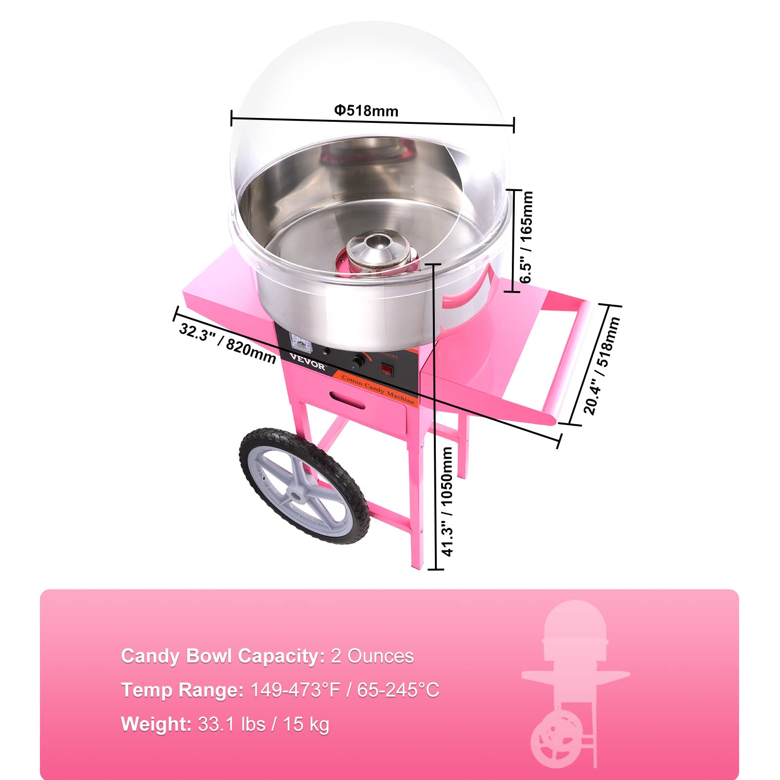 VEVOR Commercial Electric Cotton Candy Machine Cart with Cover & Stainless Steel Bowl - Includes Sugar Scoop & Storage Drawer - Perfect for Home Use, Carnivals, Kids Birthday Parties, Family Gatherings & Events - Pink Floss Maker for Sweet Treats & Fun Desserts