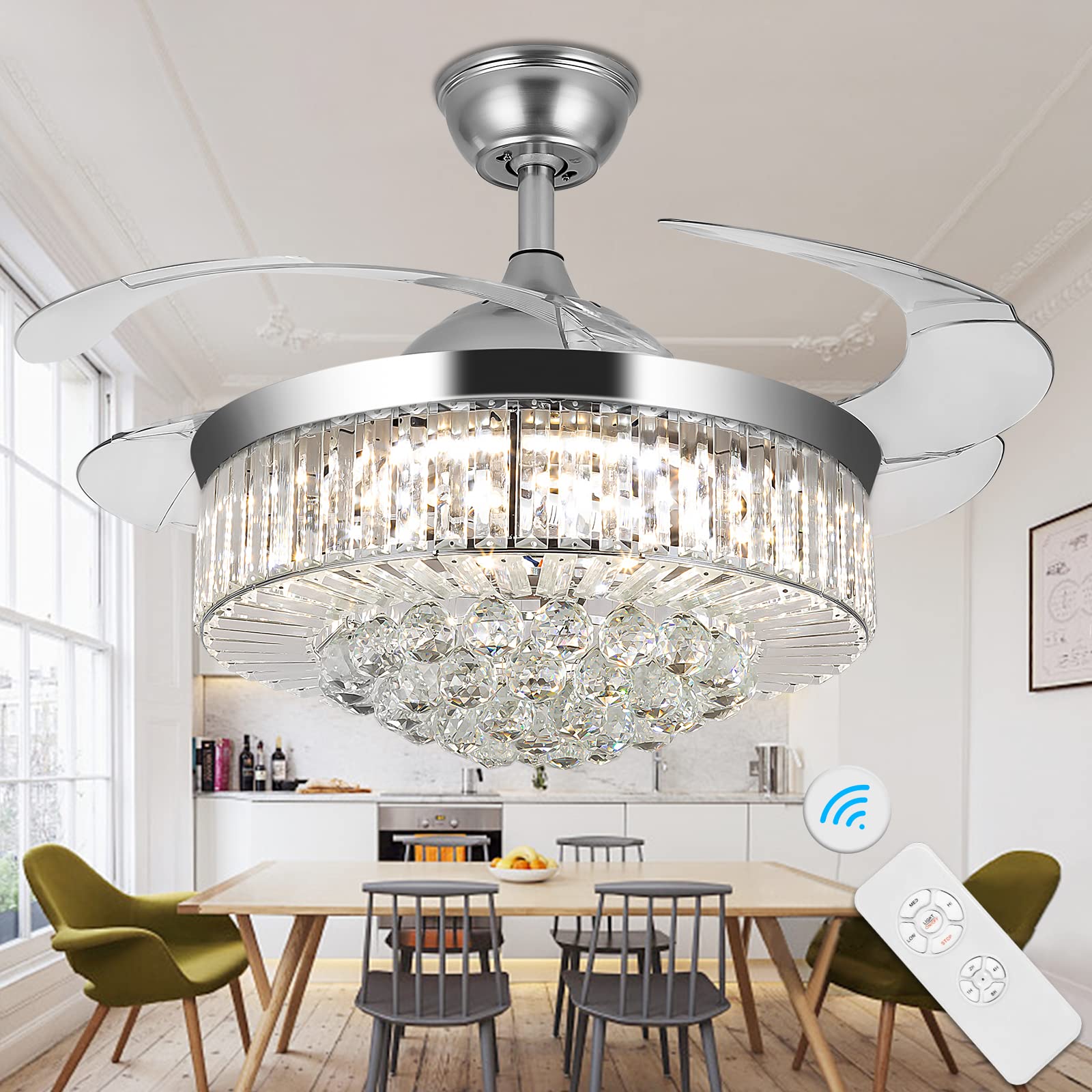 36 Inch Crystal Ceiling Fan with Remote - Silver Chandelier Style, 3 Speed Settings & 3 Color Changing LED Lights, Retractable 4 Blades - Perfect for Bedroom, Living Room, Dining Room & Home Decor
