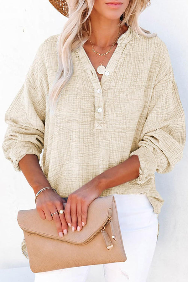 Elegant Solid Color Long Sleeve Pleated Button Loose Blouse for Women | Casual Office Wear & Spring Outfits