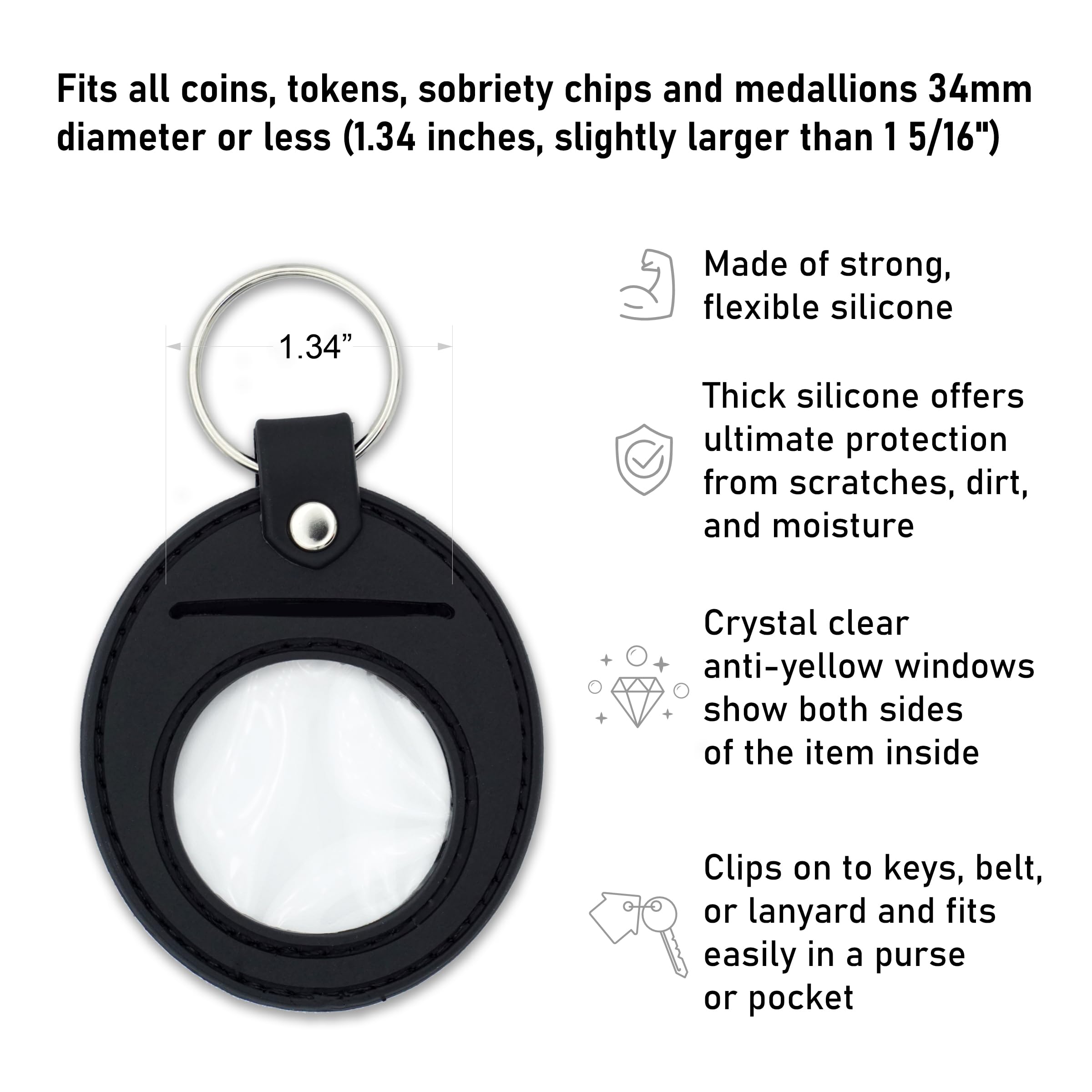 AA Coin Holder Keychain - Displays Both Sides of Sobriety Chips, Medallions & Recovery Tokens | Waterproof Scratch-Resistant Silicone Key Ring for Apple AirTag (Black) - Perfect for 12-Step Meetings, Travel & Daily Sobriety Reminder