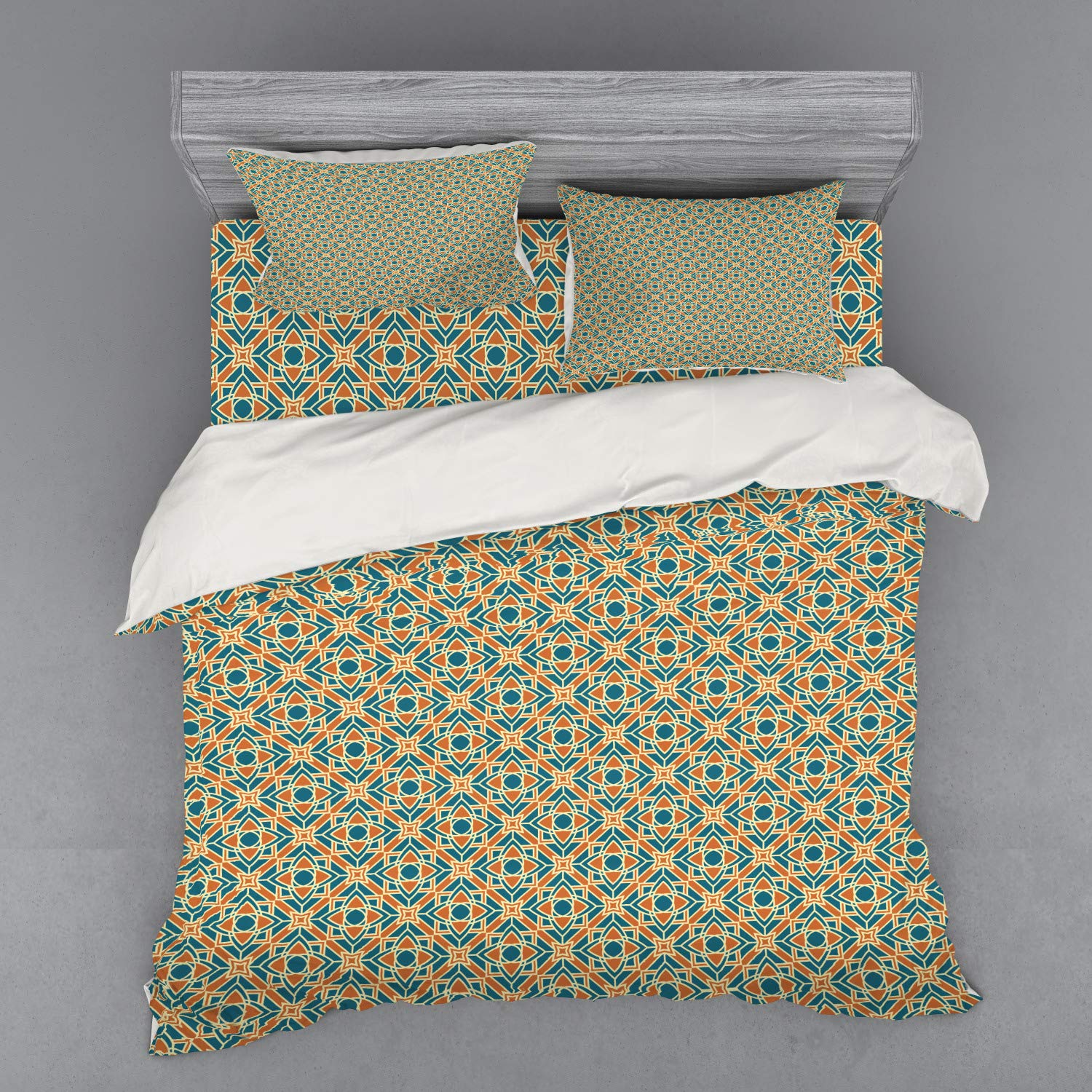 Ambesonne Floral Duvet Cover Set - 4 Piece King Size Bedding with Shams & Fitted Sheet, Petrol Blue & Orange Botanical Garden Design, Mosaic Chevron Pattern | Perfect for Master Bedroom, Guest Room & Bohemian Home Decor