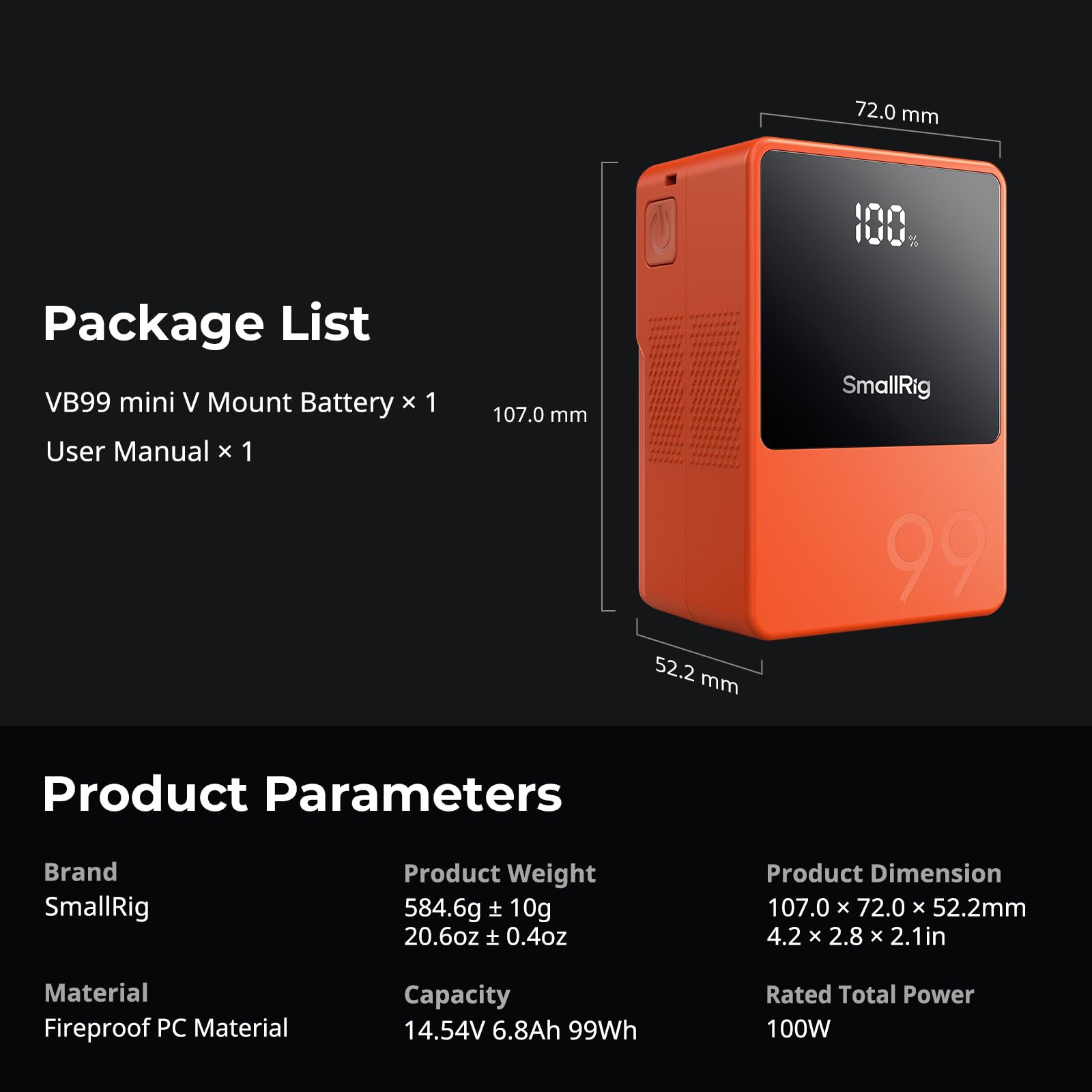 SMALLRIG VB99 Orange V Mount Battery - 99Wh 6800mAh High Capacity with 100W Output, Fast 2H Charge, USB-C/D-TAP/USB-A/Dual DC Ports, OLED Display | Perfect for DSLR Cameras, Camcorders, Monitors & Video Lights | Professional Photography & Videography Power Solution