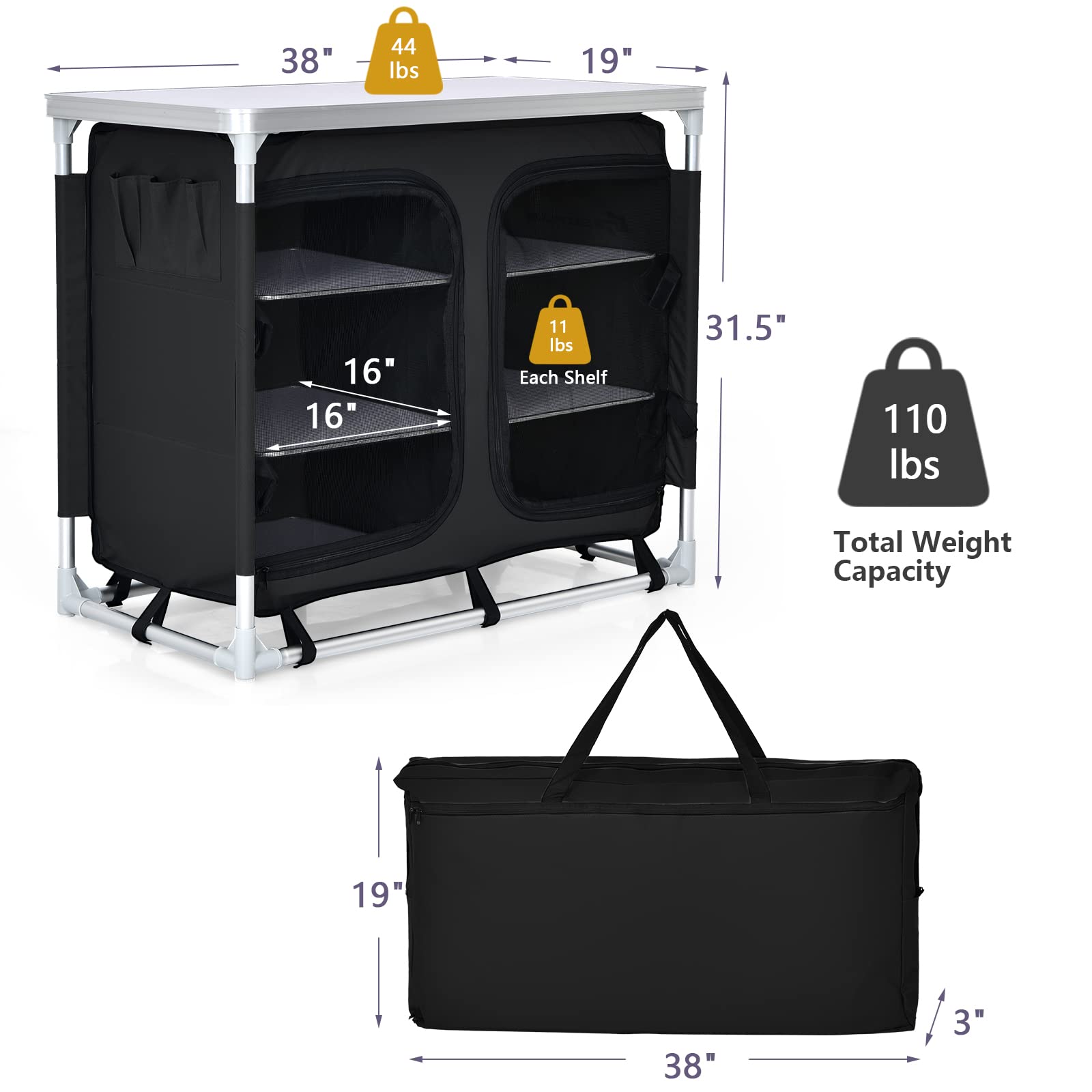 GYMAX Portable Aluminum Camping Table with 6 Zipper Storage Organizers & Carry Bag - Foldable Outdoor Kitchen Station for Camping, BBQ, Picnic, Backyard Grilling (Black) | Perfect for Outdoor Cooking, Tailgating & RV Adventures