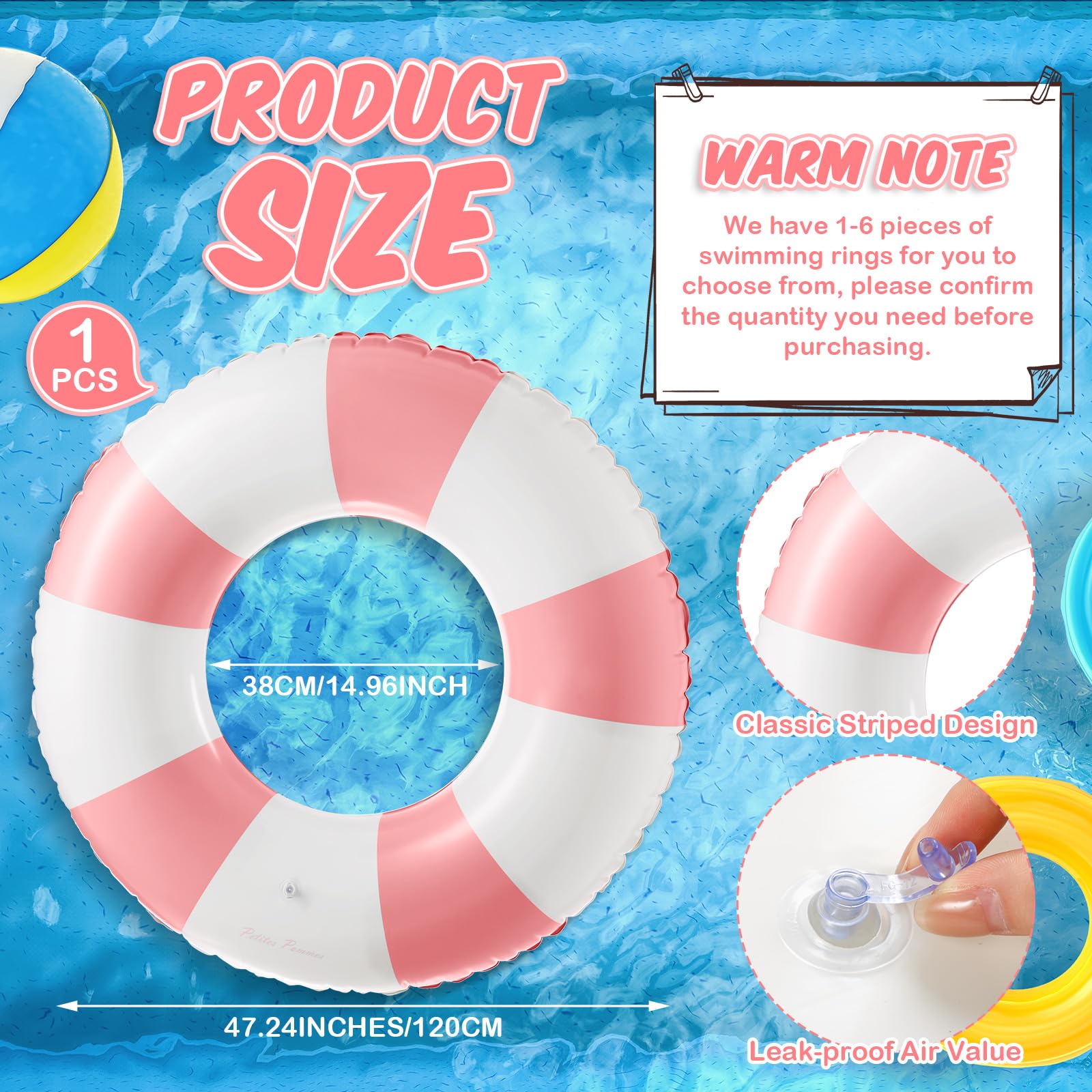 **2-Pack Jumbo Inflatable Pool Floats (47.24 Inch) - Classic Striped Pool Rings for Adults - Swimming, Beach, Lake, and Pool Relaxation**    **使用场景:** Perfect for lounging in the pool, floating at the beach, relaxing at the lake, or sunbathing by the water.
