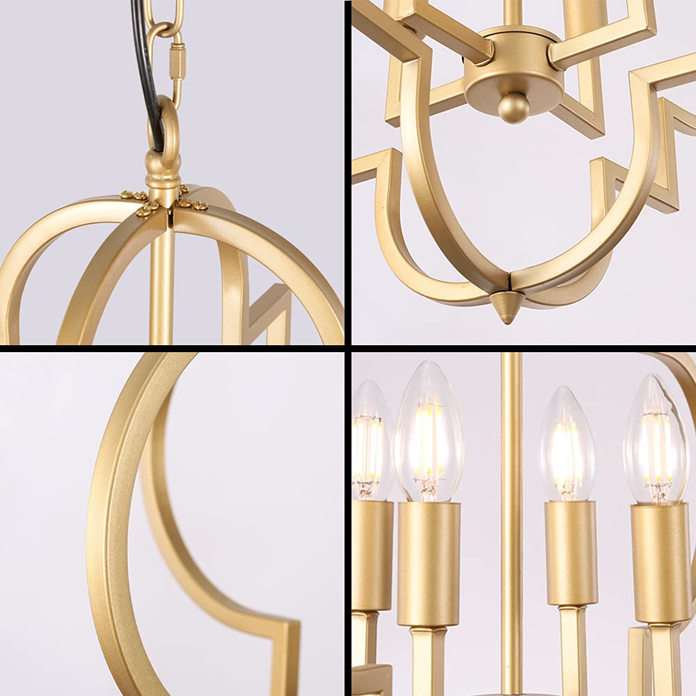 Wellmet 4-Light Gold Orb Chandelier - Geometric Candle Style Ceiling Light Fixture for Dining Room, Foyer, Entryway, Hallway & Living Room - 22.4 Inches Diameter - Perfect for Modern Home Decor & Elegant Dinner Parties