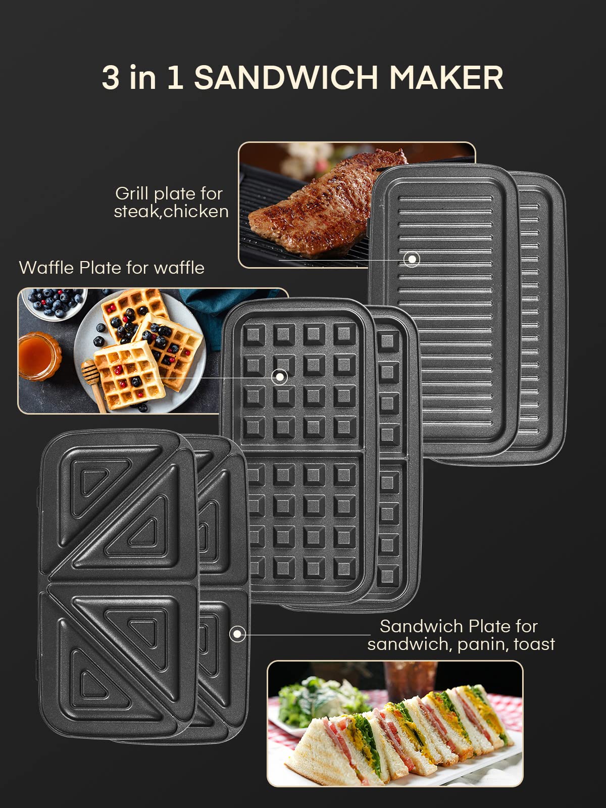 FOHERE 3-in-1 Waffle Maker & Sandwich Press | 1200W Panini Grill with Removable Non-Stick Plates, 5-Temperature Settings, Indicator Lights (Silver/Black) | Perfect for Breakfast, Brunch & Quick Snacks at Home