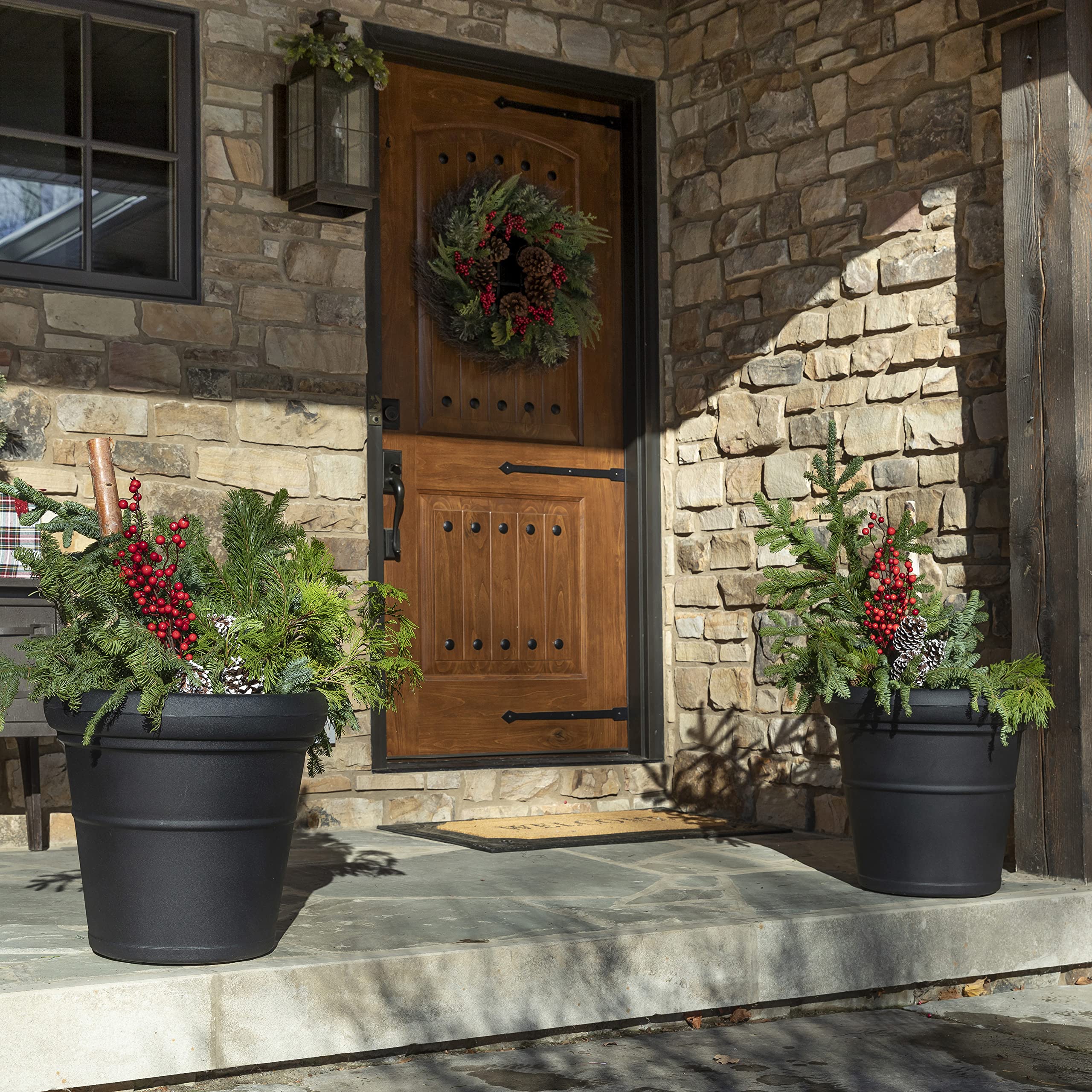 Step2 Claremont Tall Round Planter - 2 Pack Large Outdoor Planters for Gardening, Flowers & Patio Decor - Durable Plastic with Efficient Drainage (Onyx Black) - Perfect for Porch, Deck & Backyard Landscaping