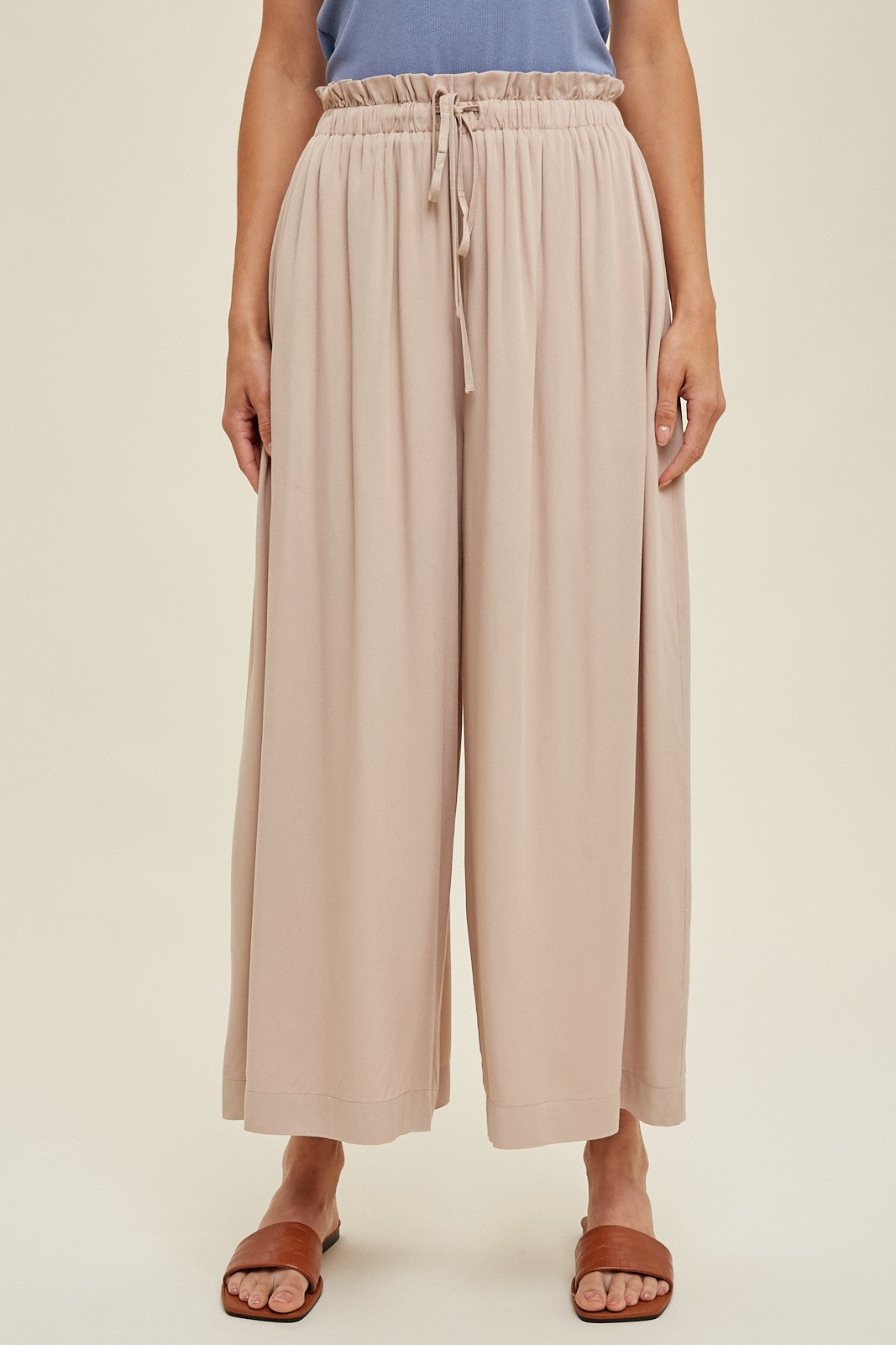 Beige Pleated Elastic Waist Wide Leg Crop Pants for Women - Comfortable High Waist Palazzo Trousers for Casual, Office & Travel Outfits