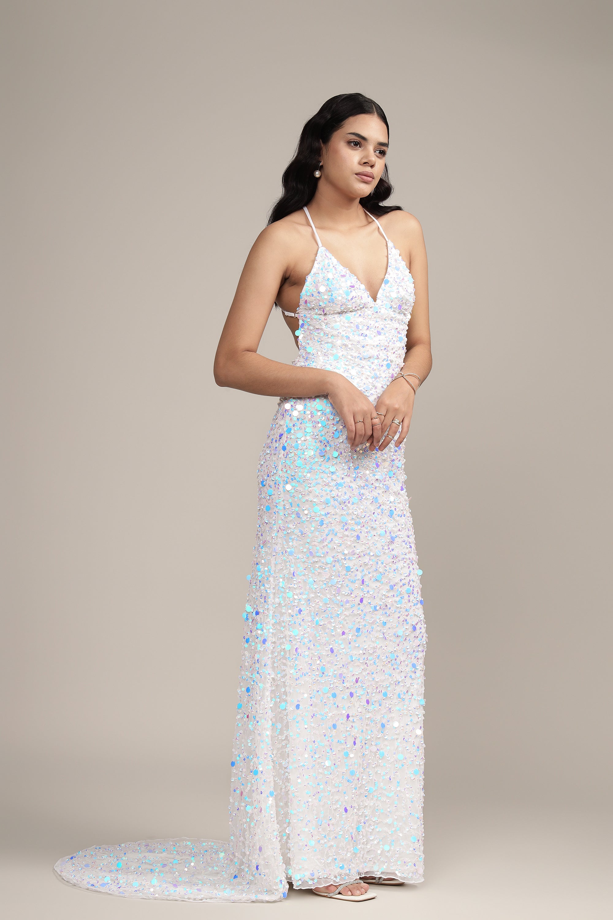 Alchemila Embellished Maxi Dress in Iridescent White - Elegant Long Formal Evening Gown for Weddings, Prom & Special Occasions