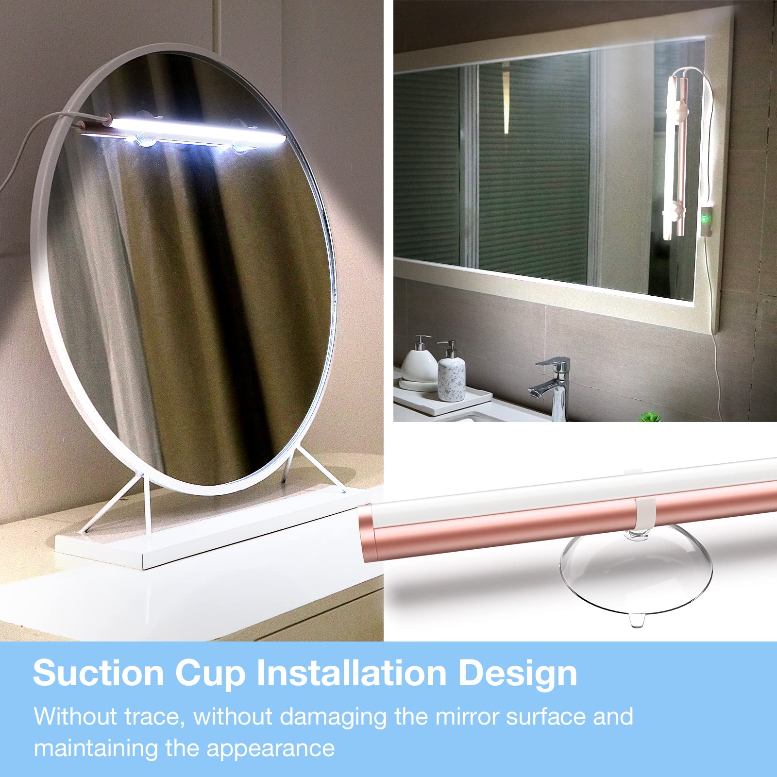 Wobsion 12-inch Dimmable LED Vanity Mirror Lights with USB Adapter, 360° Adjustable Daylight Makeup Lighting - IP40 Waterproof for Bathroom, Bedroom & Dressing Room Makeup Application