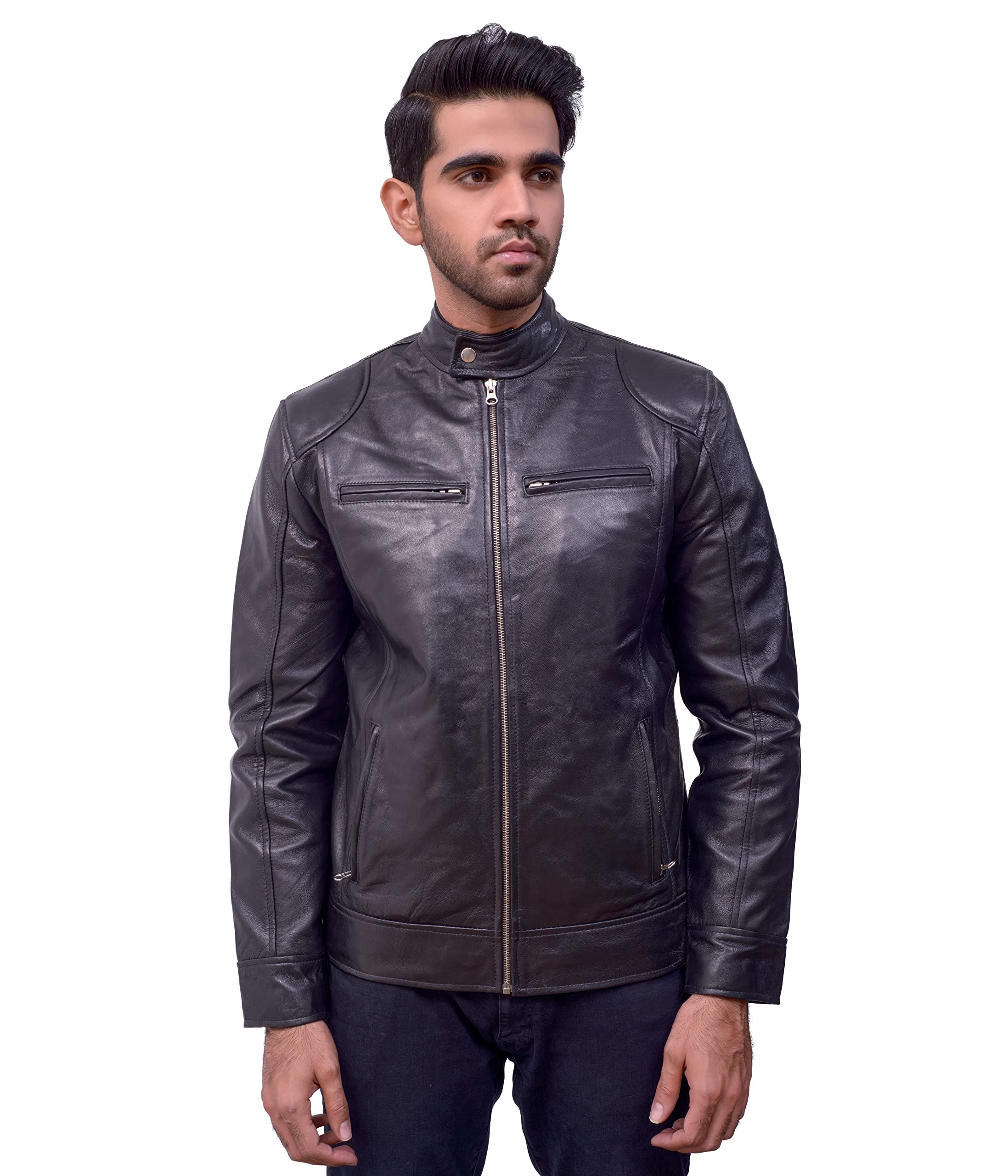 Genuine Black Leather Jacket for Men - Premium Lambskin Motorcycle Jacket with Zipper Pockets | Stylish Biker Outerwear for Riding & Casual Wear