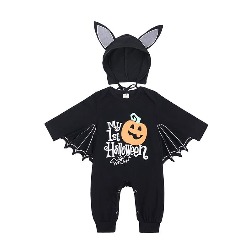 Halloween Baby Boy Costume - Black Bat Jumpsuit with Hat & Long Sleeve Romper | Newborn Halloween Outfit for Photo Shoots & Trick-or-Treating