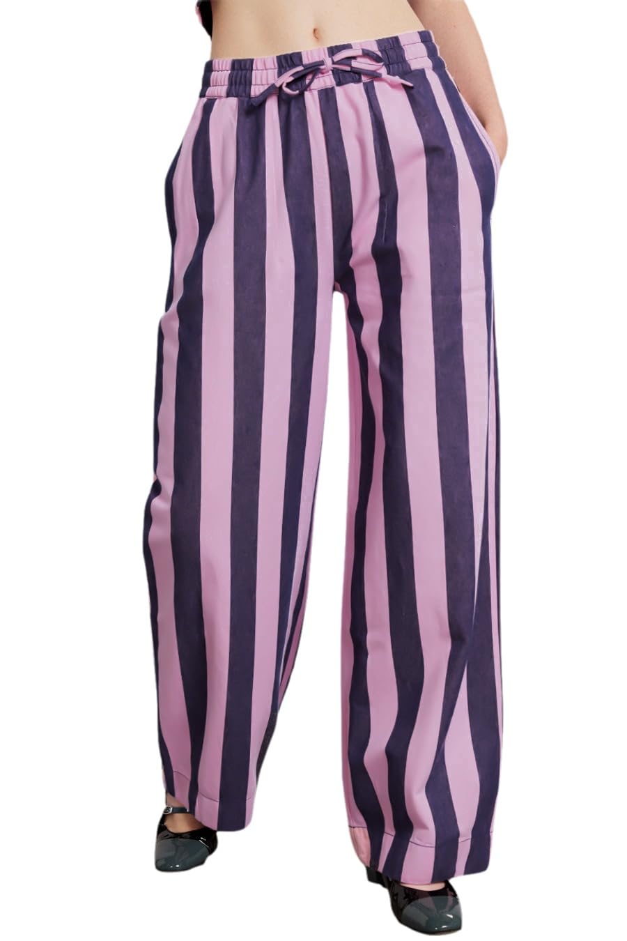 LifeShe Women's Striped Wide Leg Jeans - Elastic Waist Drawstring Denim Pants for Casual Wear, Comfortable Baggy Trousers for Everyday Outfits, Work or Weekend Style
