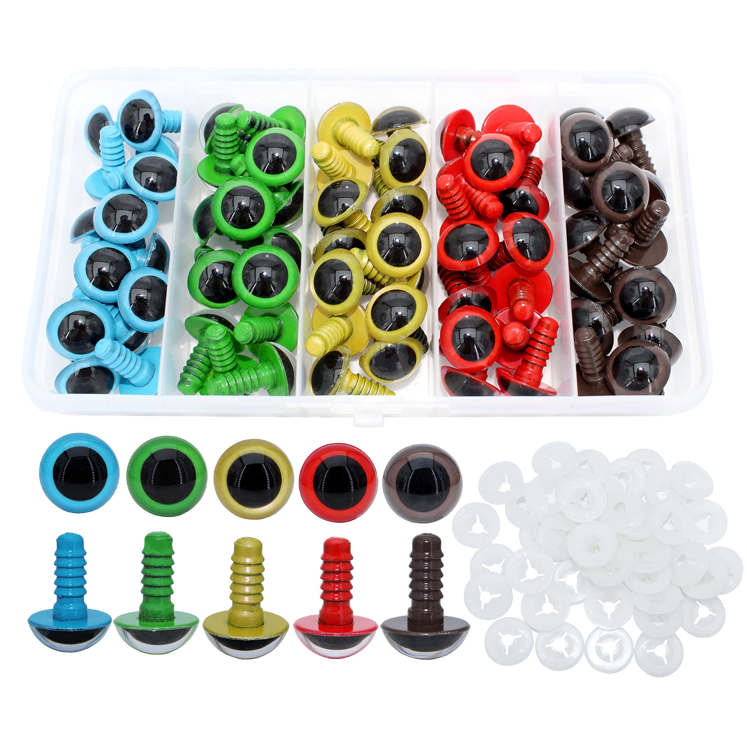 BESTCYC 70pcs 15mm Plastic Safety Eyes - 5 Color Round Craft Eyes with Washers for DIY Stuffed Animals, Puppets, Crochet Toys, Amigurumi, Bear Making & Doll Crafting Supplies