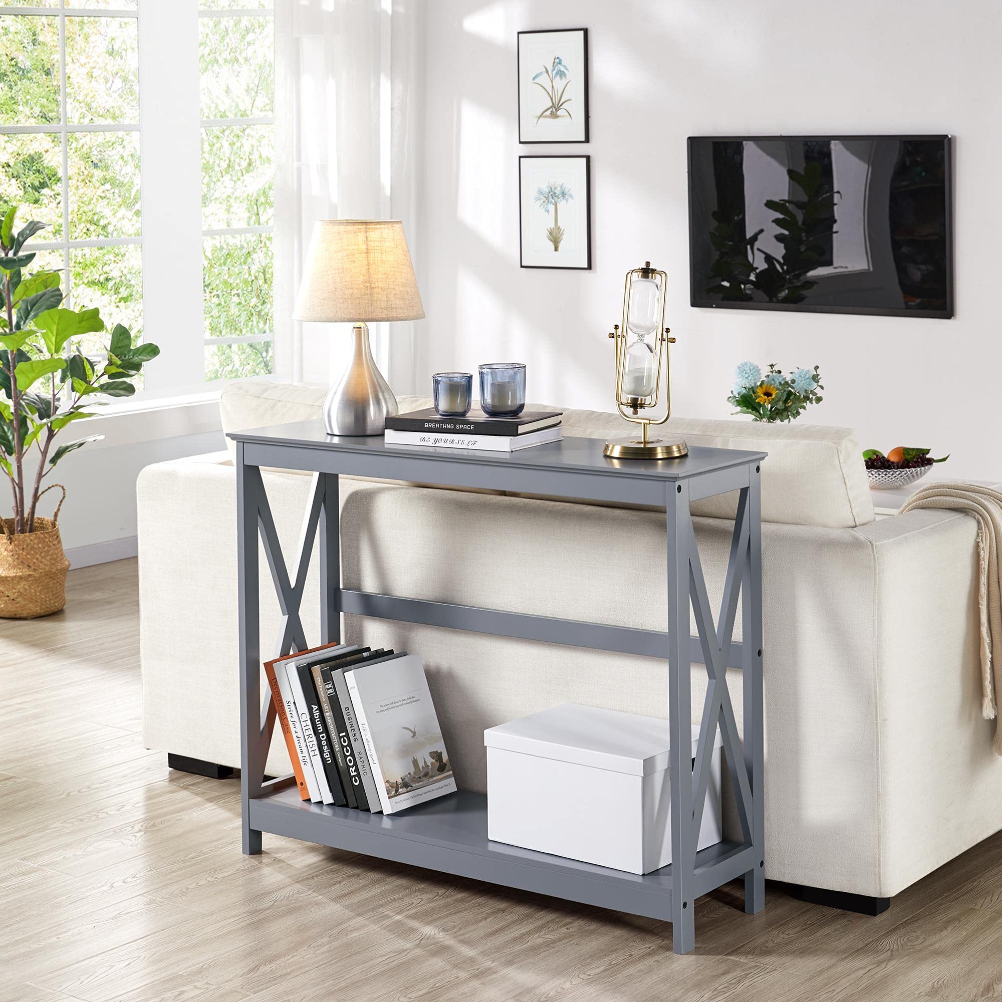 Yaheetech 2-Tier Narrow Console Table with Storage Shelf - Entryway Sofa Table, Bookshelf & Accent Table for Living Room, Hallway & Foyer - Space-Saving Grey Furniture for Small Apartments & Home Decor