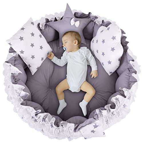 MottoKids Newborn Baby Lounger - Adjustable Infant Pillow & Co-Sleeper, Multi-Functional Baby Nest Play Mat for Toddlers (Grey) - Perfect for Napping, Playtime & Safe Co-Sleeping