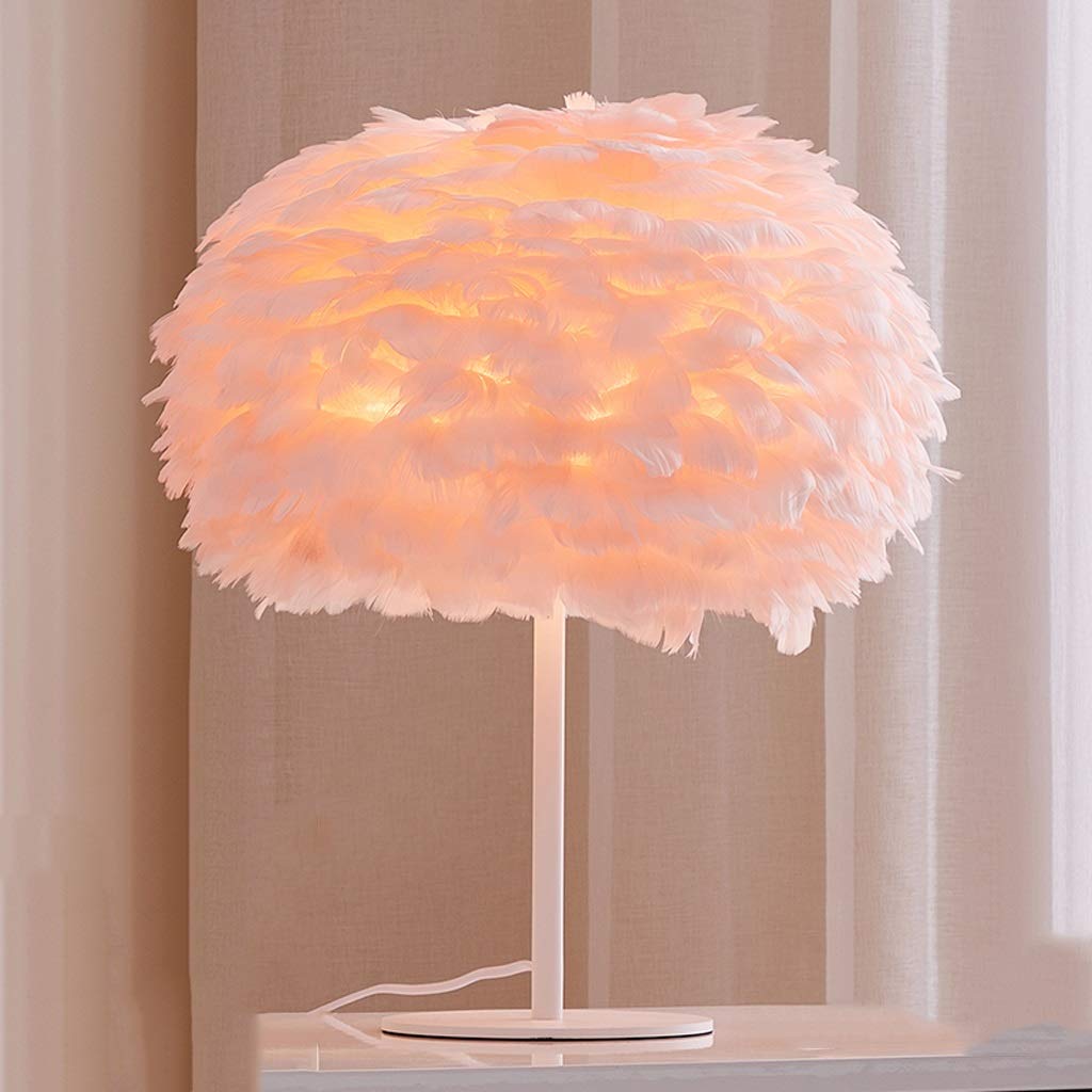 Vintage Pink Feather Bedside Table Lamp - Decorative Nightstand Light for Bedroom, Kids Room, Wedding & Birthday Decor - Soft Lighting for Reading & Relaxation