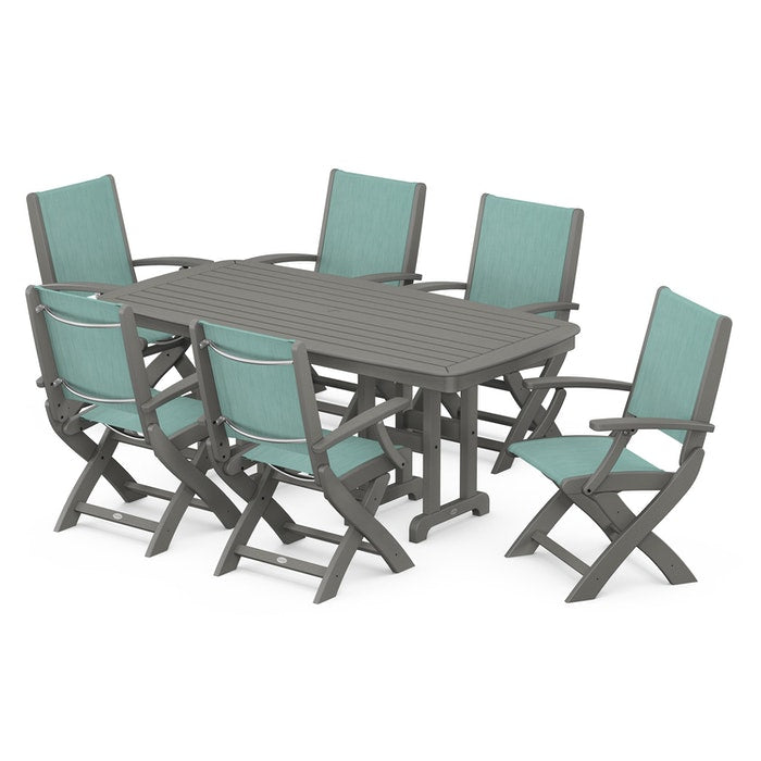 POLYWOOD Coastal Folding Arm Chair 7-Piece Outdoor Dining Set - Perfect for Patio, Deck, Poolside & Beachfront Entertaining