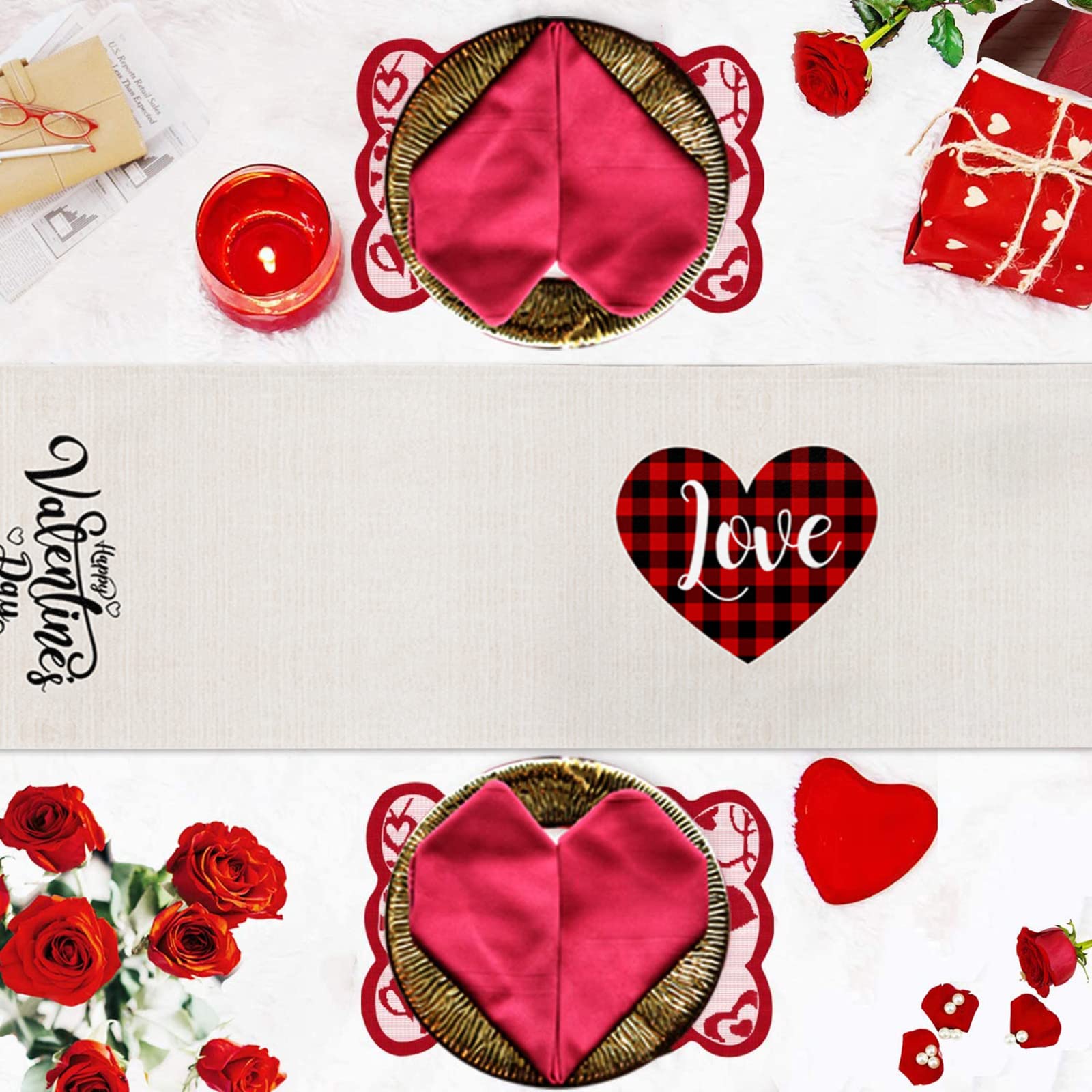 Valentine's Day Plaid Heart Table Runner - 36 Inch Long Red Farmhouse Decor for Kitchen, Dining, Coffee Table, Wedding & Banquet - Perfect for Romantic Dinners, Holiday Parties & Home Decor