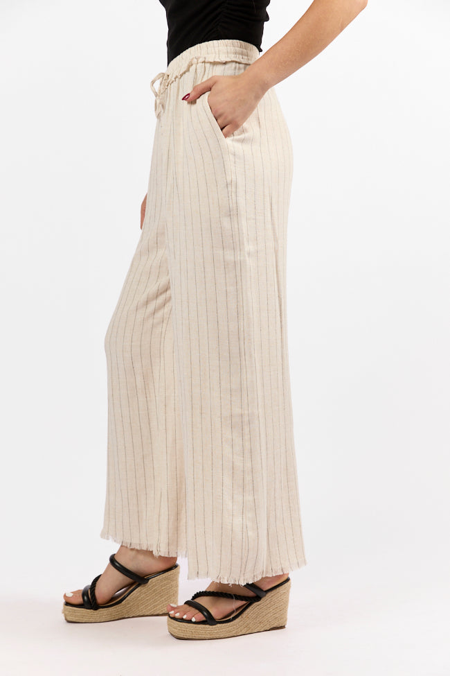 Full Sail Beige Linen Blend Striped Pants for Women - Comfortable Summer Casual Trousers with Elastic Waist - Perfect for Beach, Vacation & Everyday Wear