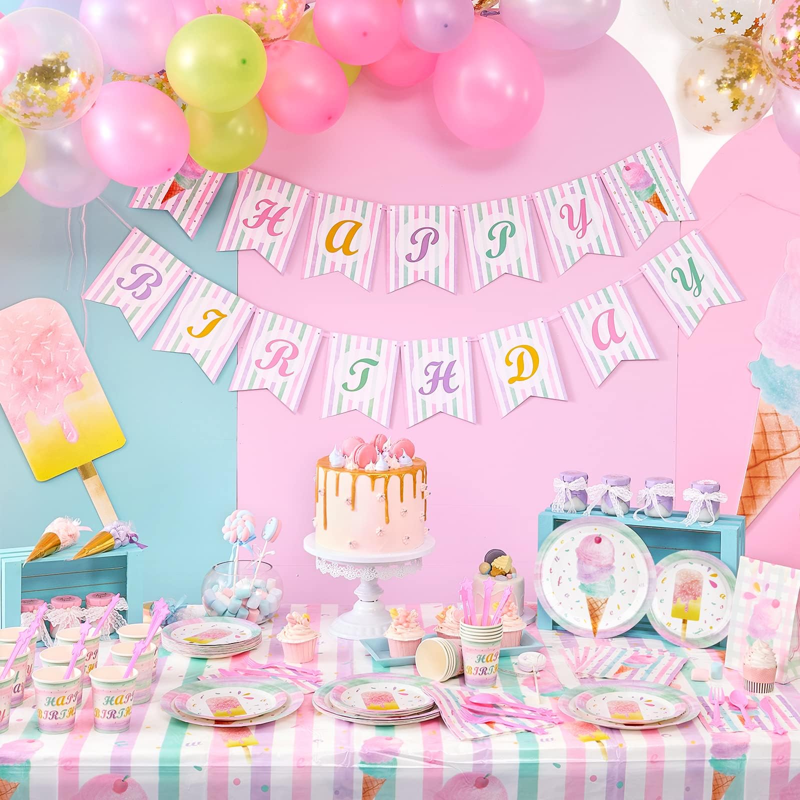 **WERNNSAI 153PCS Pink Ice Cream Party Supplies Set - Birthday Decorations for Girls with Banner, Balloons, Tablecloth, Plates, Cups, Napkins, Cutlery & Utensils (Serves 16 Guests) - Perfect for Summer Parties, Baby Showers & Birthday Celebrations**