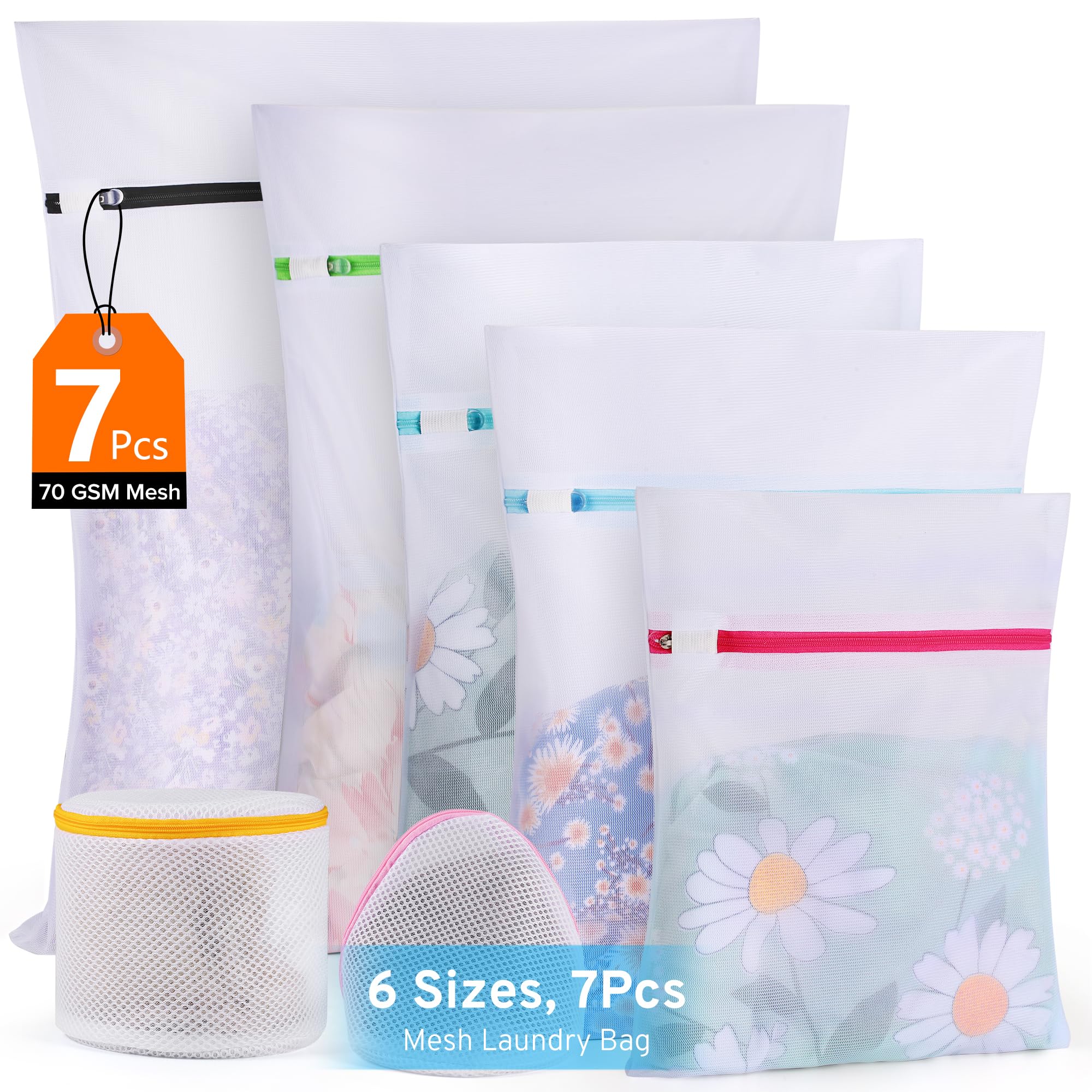 Ultimate 7-Pack Mesh Laundry Bags Set with Auto-Lock Zipper - 6 Sizes for Delicates, Lingerie, Jeans, Blouses & Stockings - Gentle Wash Protection for Bras & Delicate Clothing - Perfect for Travel & Home Laundry Care