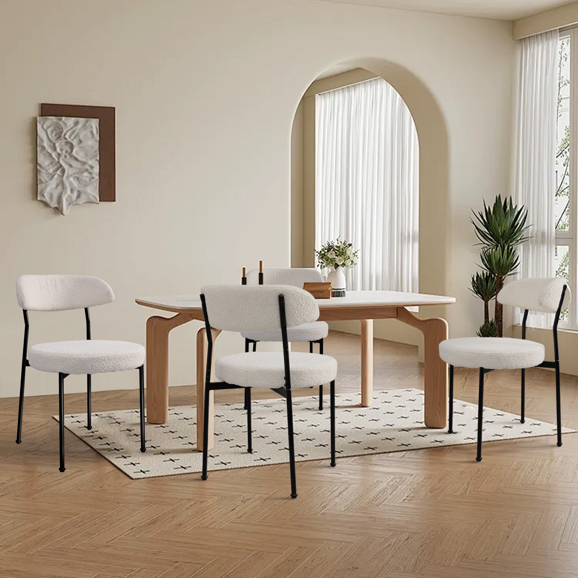 Boucle Upholstered Dining Chairs Set of 4 - Curved Backrest & Metal Legs, Beige Modern Kitchen Chairs for Dining Room, Restaurant, or Cafe