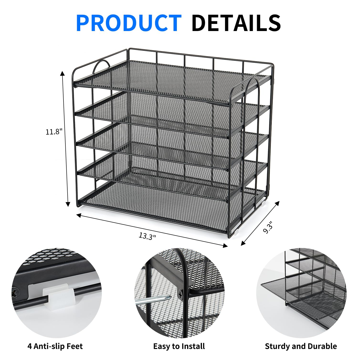 5 Tier Mesh Paper Letter Tray Organizer - Black Desktop Mail Sorter for Office & Home, File Document Holder, Desk Organizer with Storage Compartments | Perfect for Mail Sorting, Bill Organization & Office Supplies Storage