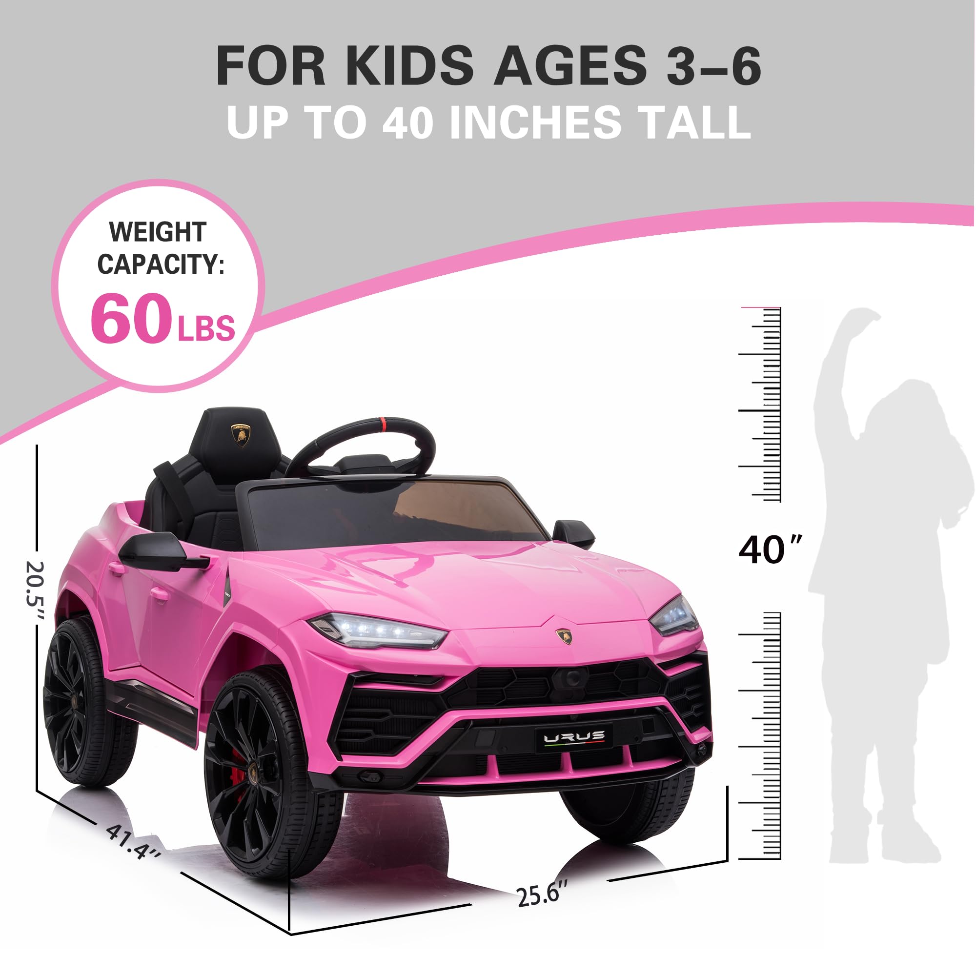 Licensed Lamborghini Urus 12V Electric Ride-On Car for Kids - Remote Control, LED Headlights, Music & 2 Speed Modes - Pink Battery-Powered Toy Truck for Boys & Girls | Perfect for Birthday Gifts, Outdoor Play & Driveway Fun