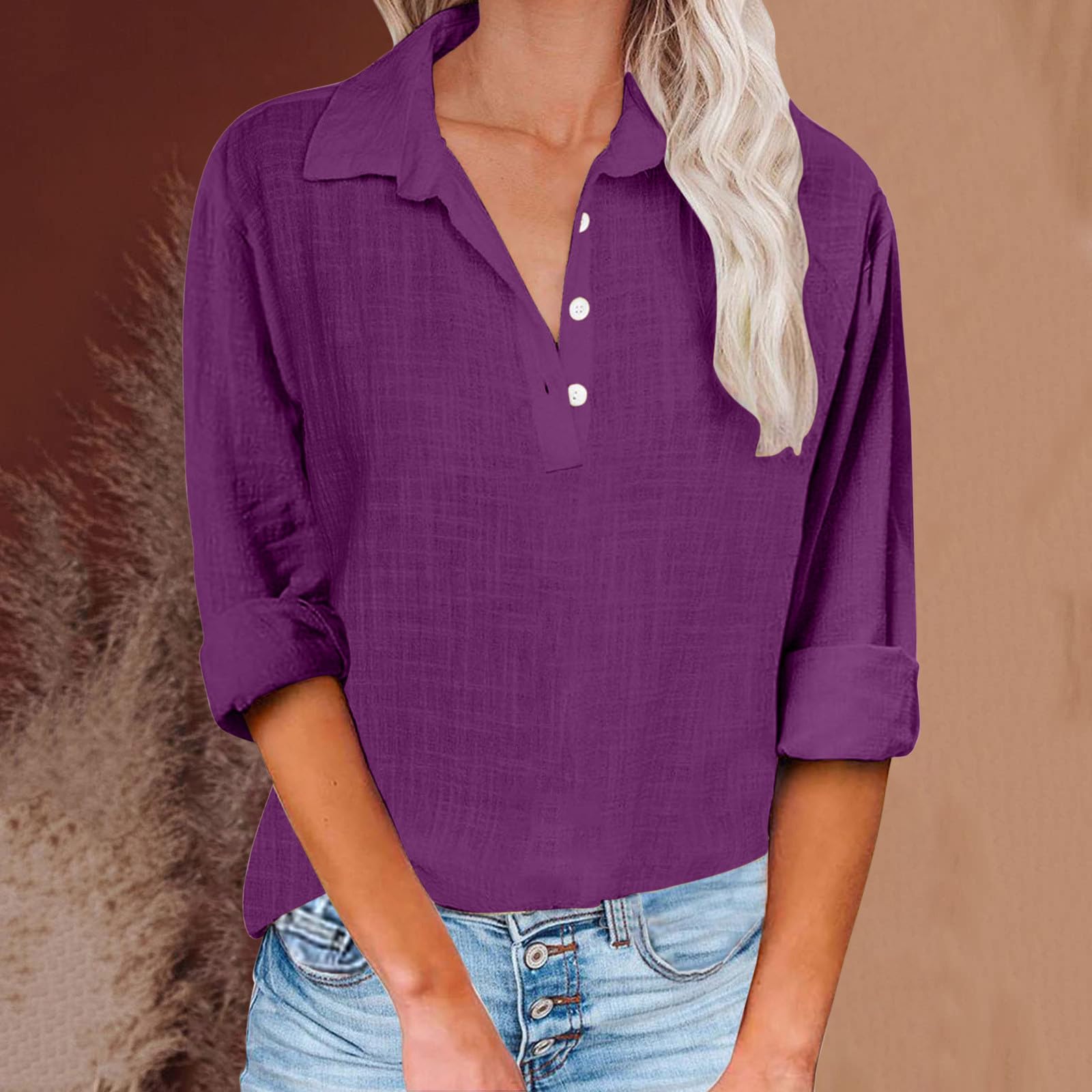 Trendy 2024 Women's Fall Cuff Sleeve Button Down Shirts - Collared V-Neck Loose Fit Blouses for Casual Wear & Going Out | Perfect for Office, Date Night & Weekend Outfits