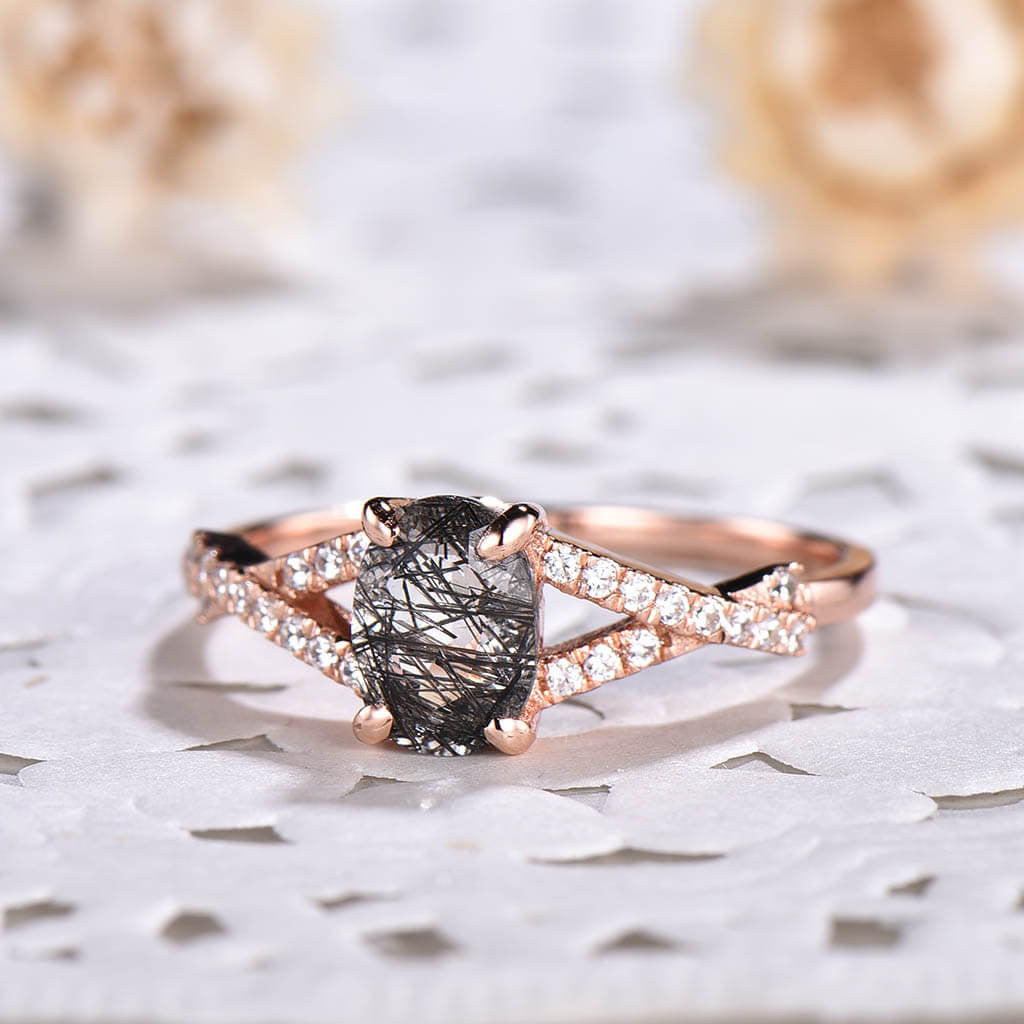 14K/18K Gold Infinity Oval Black Rutilated Quartz Diamond Engagement Ring - Vintage Style Wedding Band for Women, Perfect for Proposals, Anniversaries & Romantic Occasions