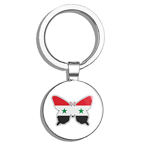 Syria Flag Butterfly Round Stainless Steel Keychain - Double Sided Design for Keys, Backpacks & Travel Accessories