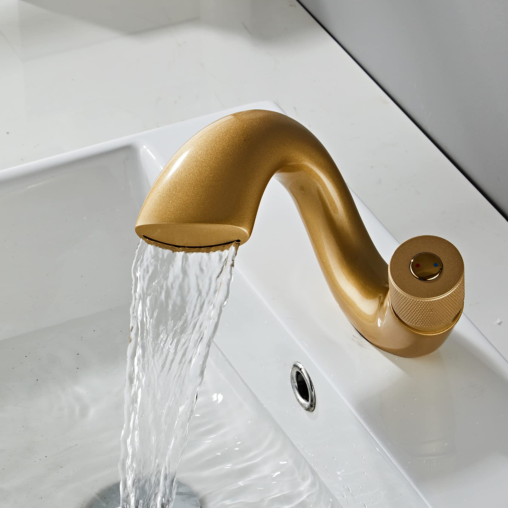 Wovier Matte Gold Waterfall Bathroom Sink Faucet - Single Handle Single Hole Lavatory Faucet with Supply Hose, Slanted Body Basin Mixer Tap for Commercial & Home Use - Perfect for Modern Bathrooms, Restaurants, and Hotels
